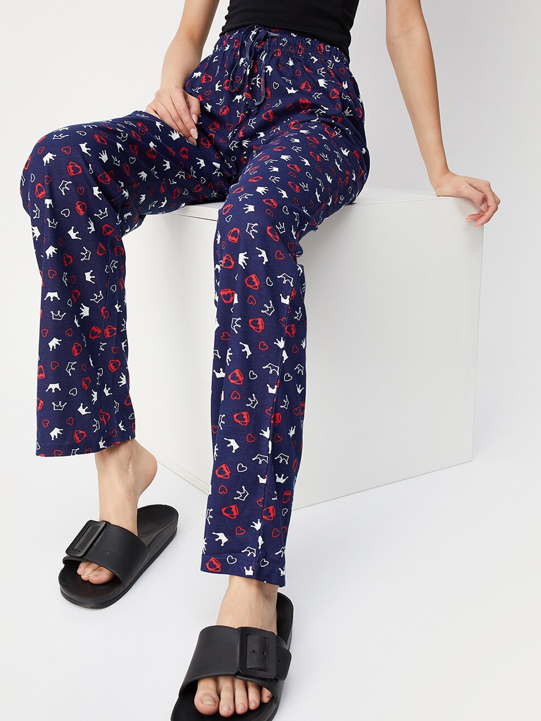 

max Women Conversational Printed High-Rise Pure Cotton Lounge Pants, Blue