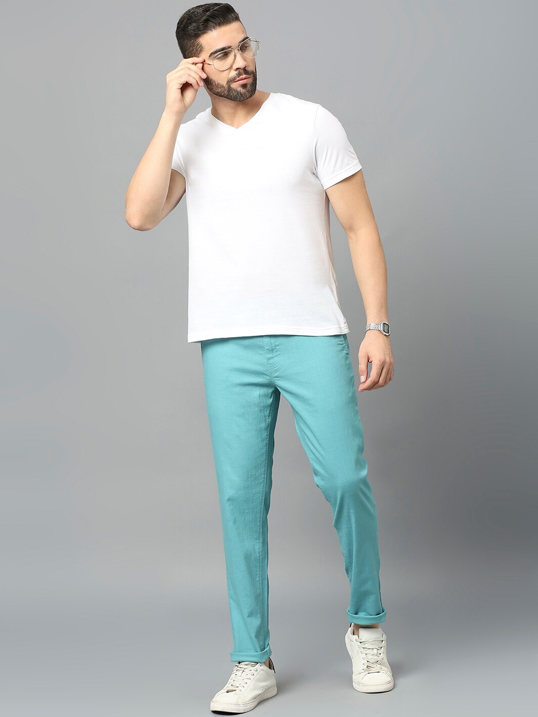 

HERE&NOW Men Smart Slim Fit Trousers, Turquoise blue