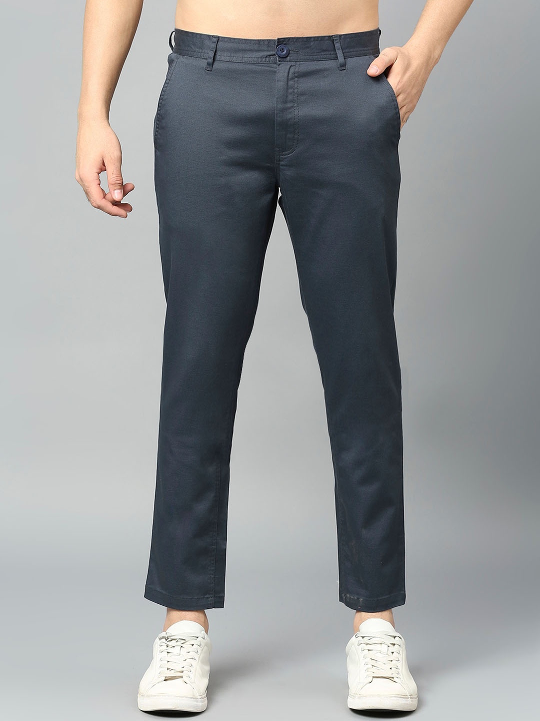 

HERE&NOW Men Smart Slim Fit Mid-Rise Plain Trousers, Blue