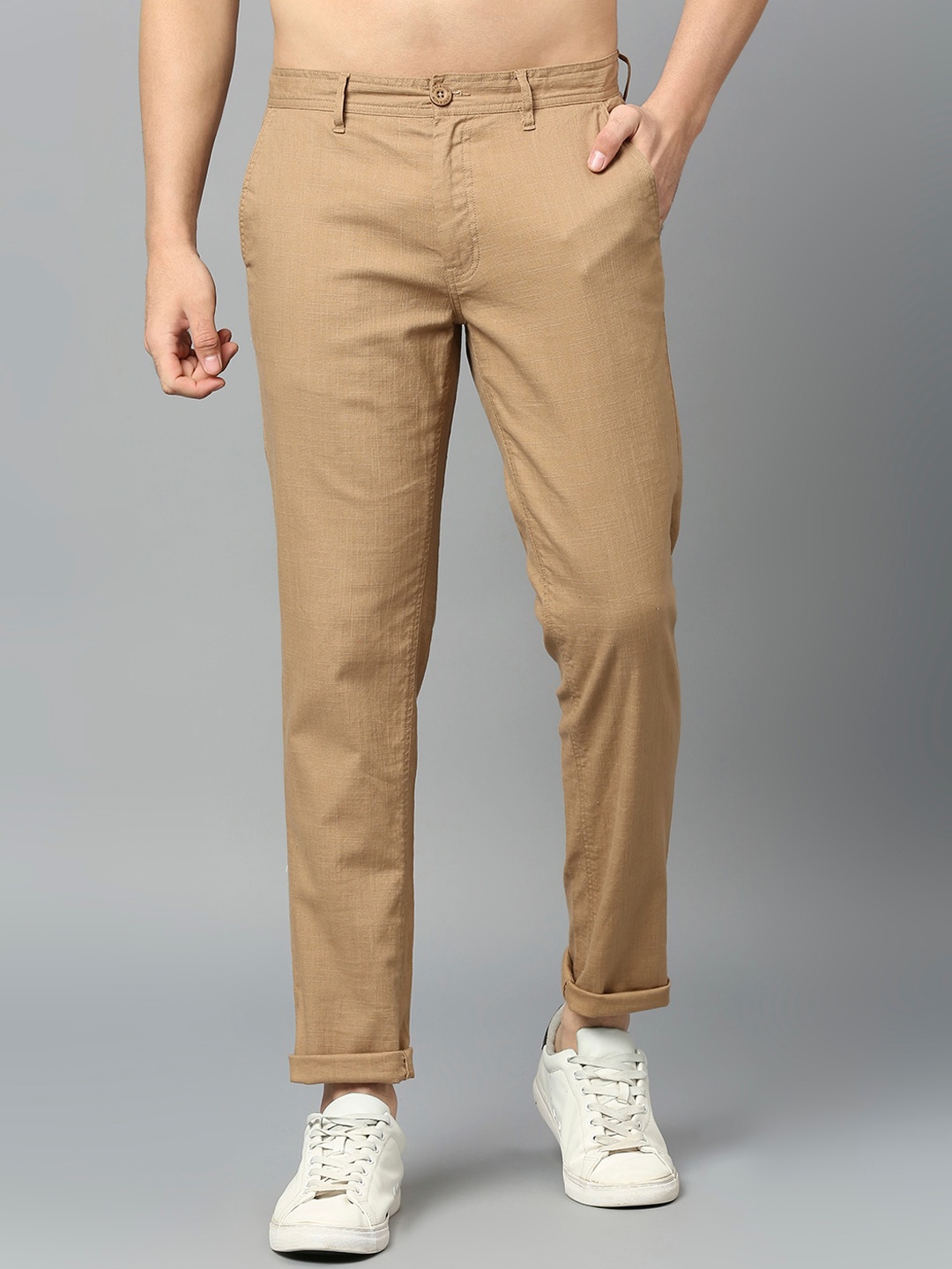 

HERE&NOW Men Smart Slim Fit Regular Trousers, Khaki