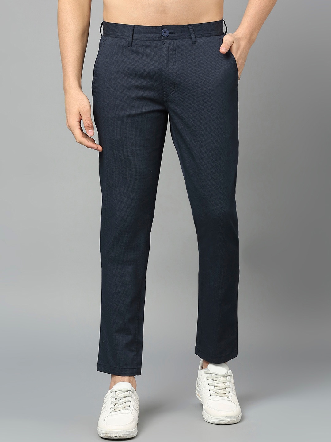 

HERE&NOW Men Mid-Rise Smart Slim Fit Casual Trousers, Navy blue