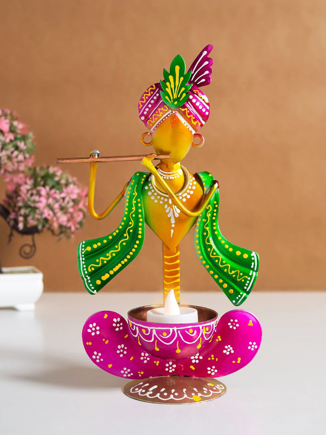 

Golden Peacock Green & Pink Printed Idol Showpiece