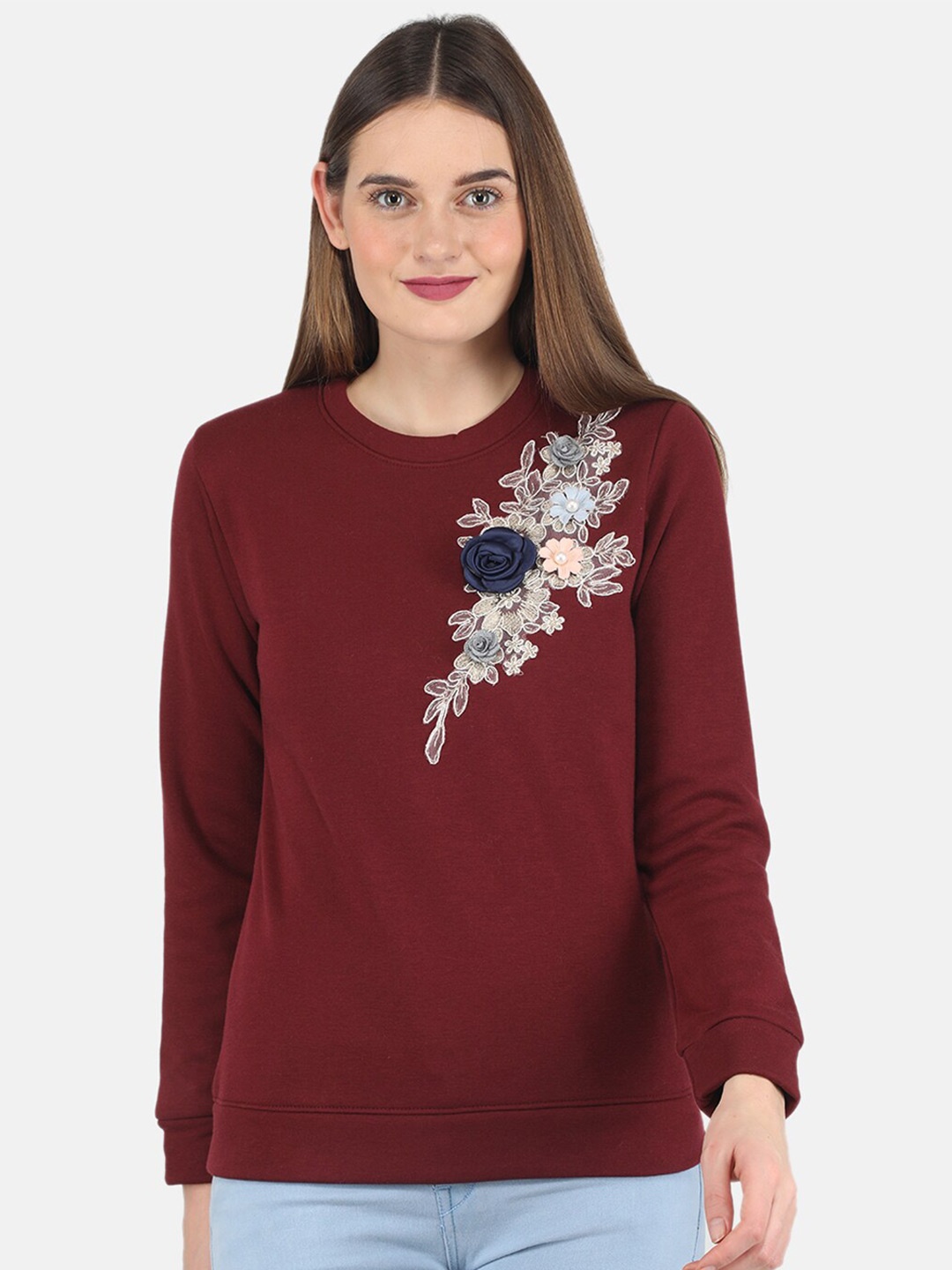 

Monte Carlo Floral Lace Detail Round Neck Pullover Sweatshirt, Maroon
