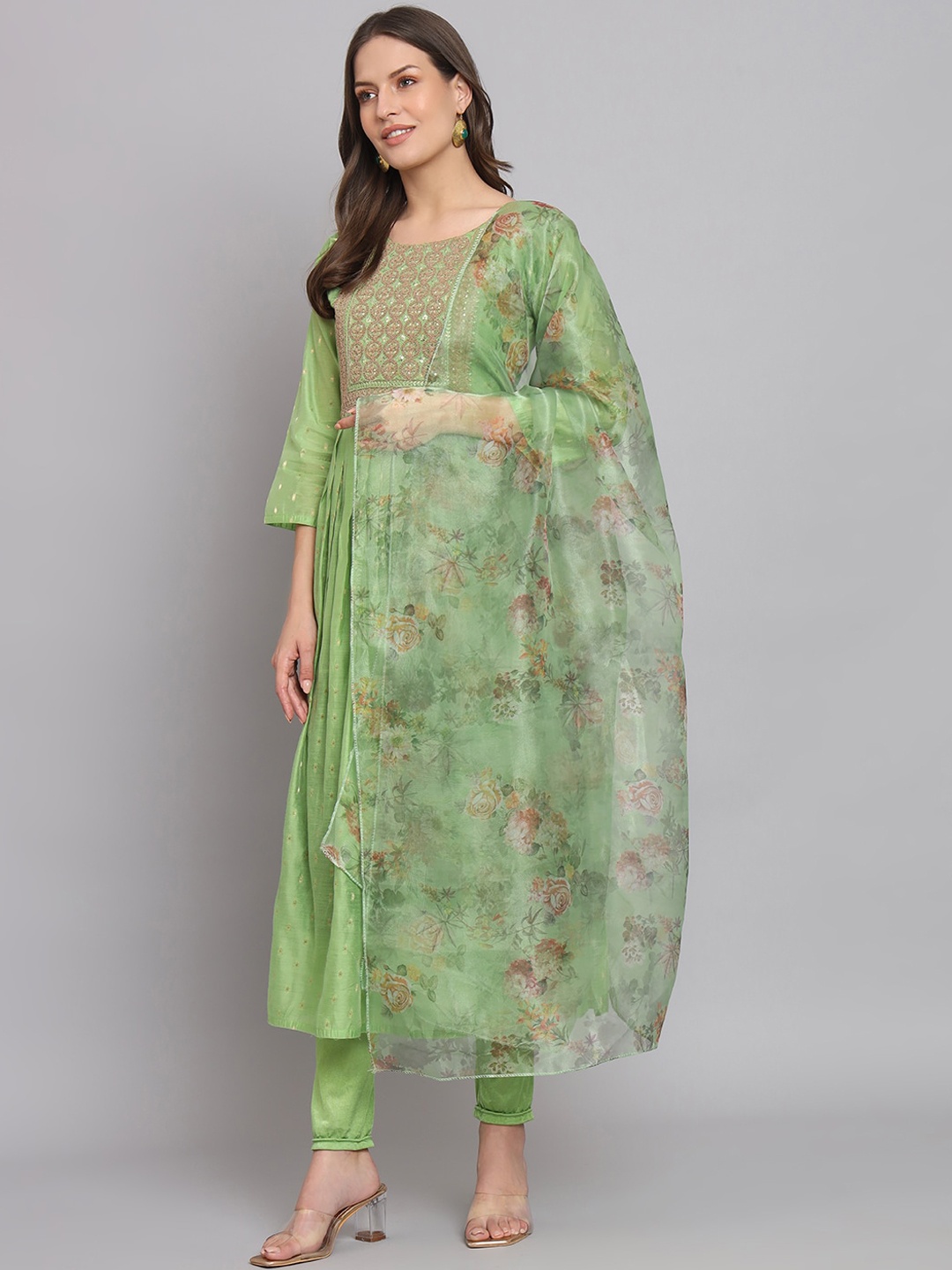 

KALINI Woven Design Thread Work Pleated A-Line Kurta & Leggings with Dupatta, Green