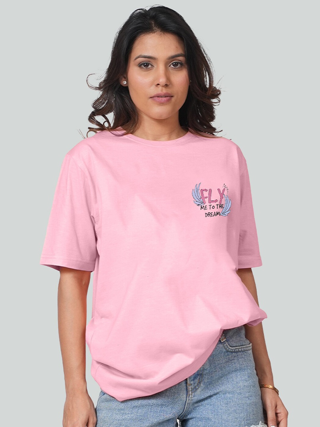 

Bloopers Store Typography Printed Drop Shoulder Oversized Pure Cotton T-shirt, Pink