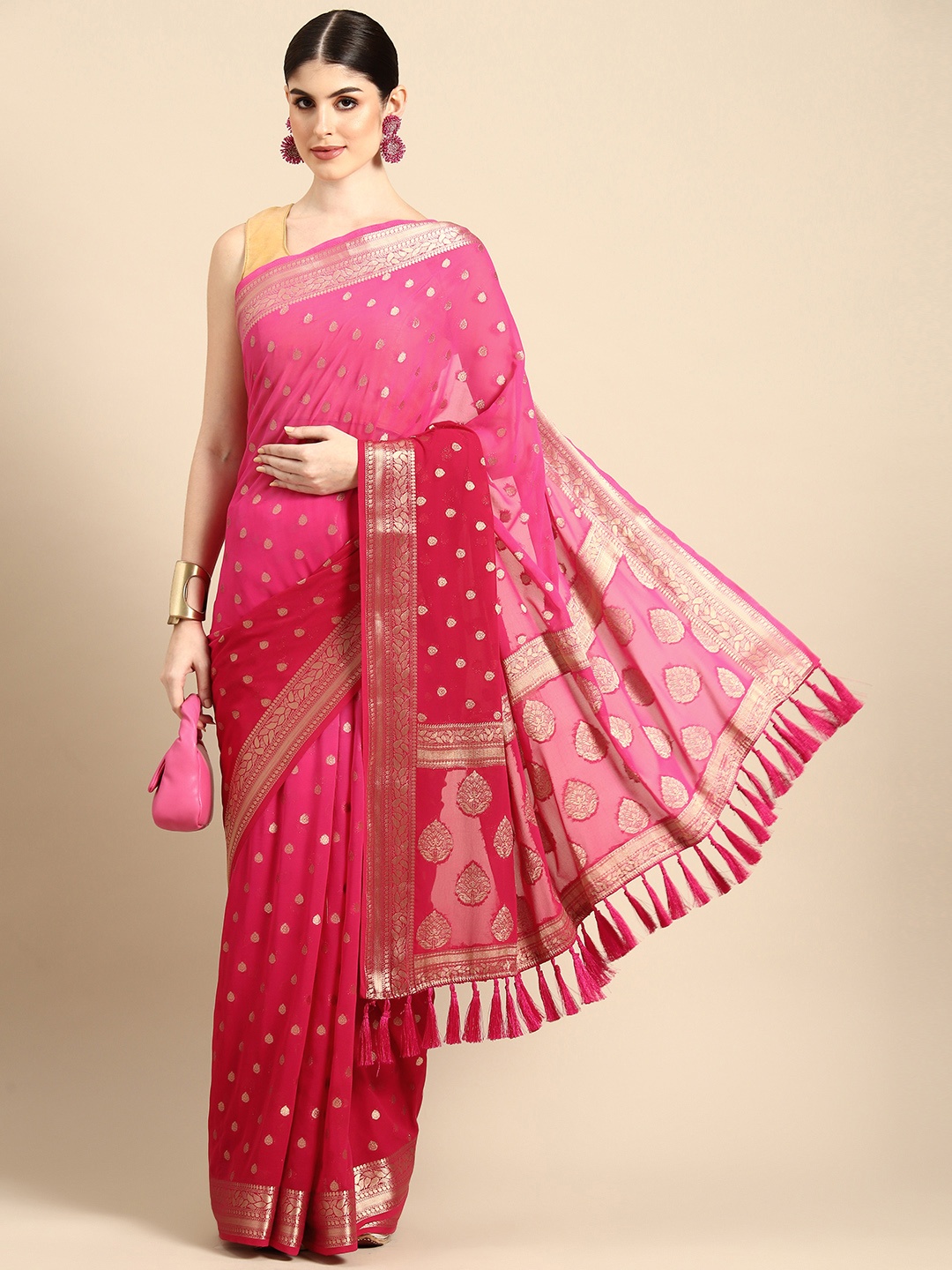 

FLOURIOUS Ethnic Motifs Zari Pure Georgette Banarasi Saree, Pink