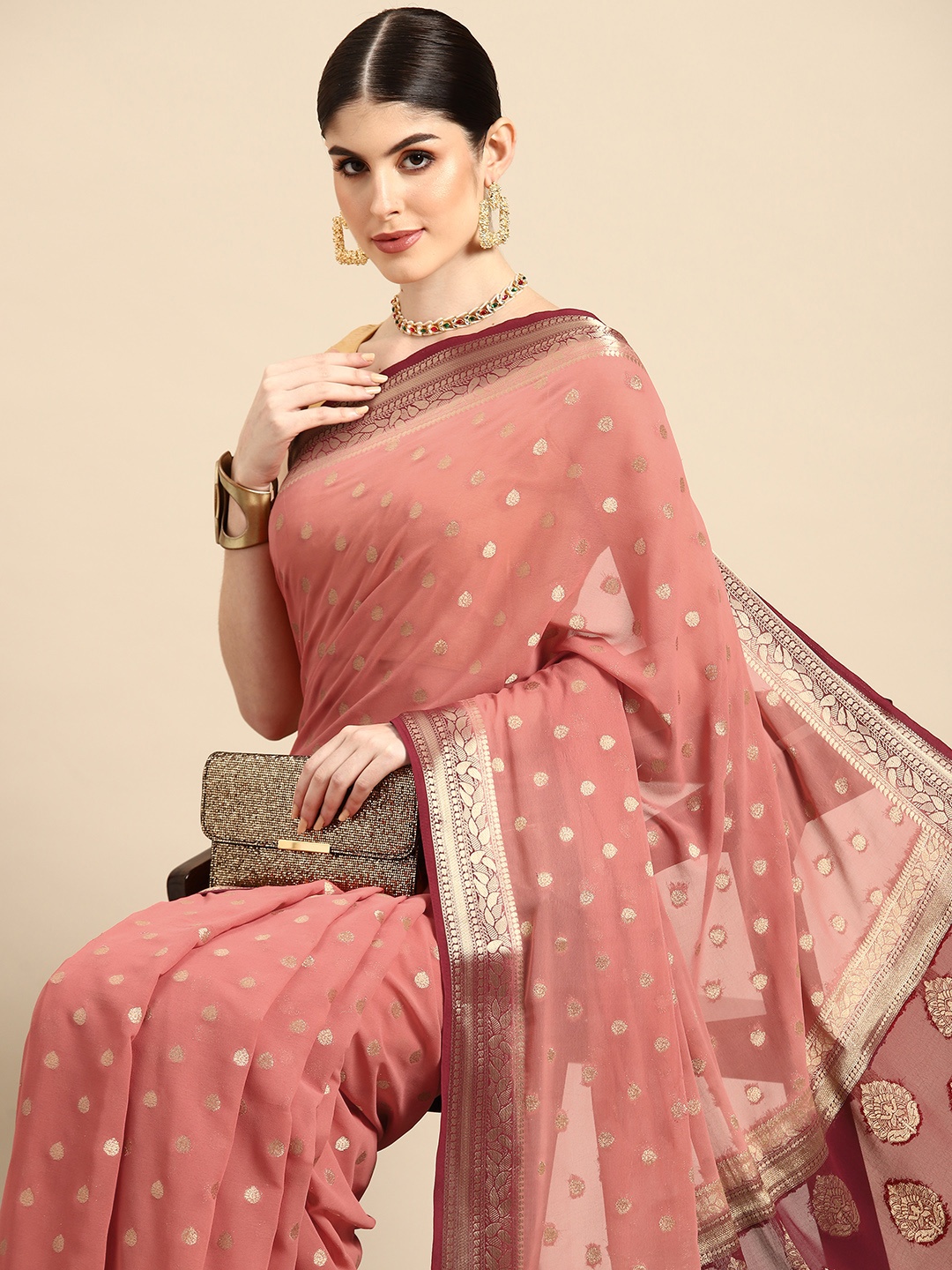 

FLOURIOUS Ethnic Motifs Zari Pure Georgette Banarasi Saree, Peach