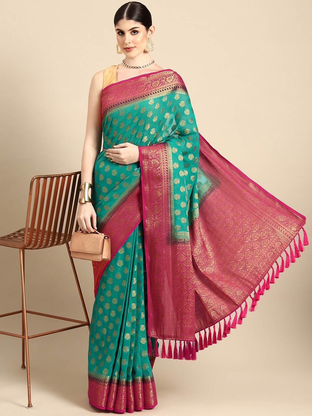 

FLOURIOUS Ethnic Motifs Zari Pure Georgette Banarasi Saree, Green