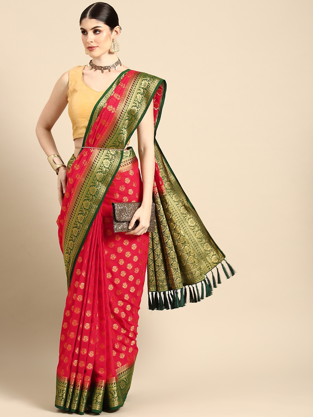 

FLOURIOUS Ethnic Motifs Zari Pure Georgette Banarasi Saree, Red