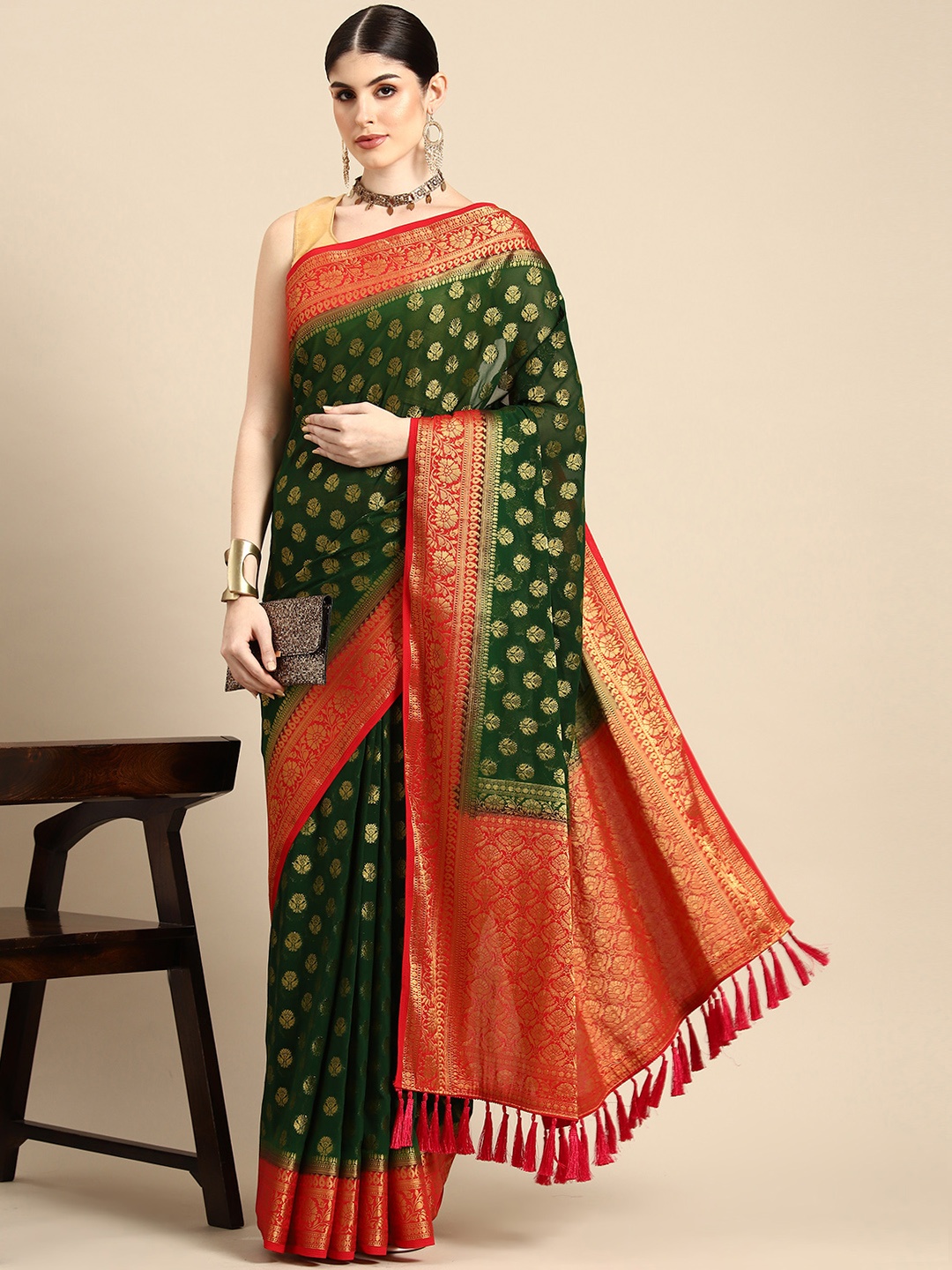 

FLOURIOUS Ethnic Motifs Zari Pure Georgette Banarasi Saree, Green