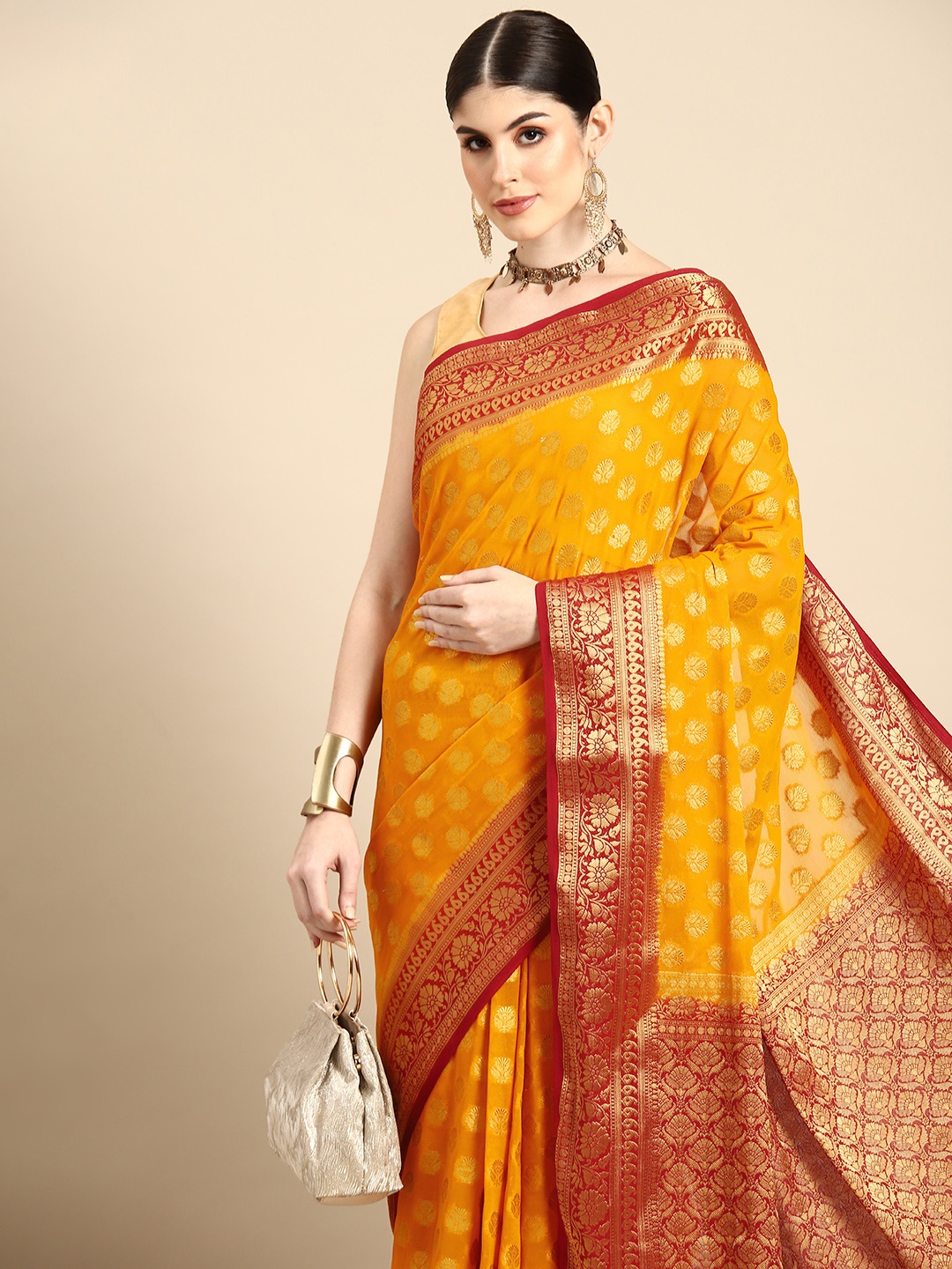 

FLOURIOUS Ethnic Motifs Zari Pure Georgette Banarasi Saree, Yellow