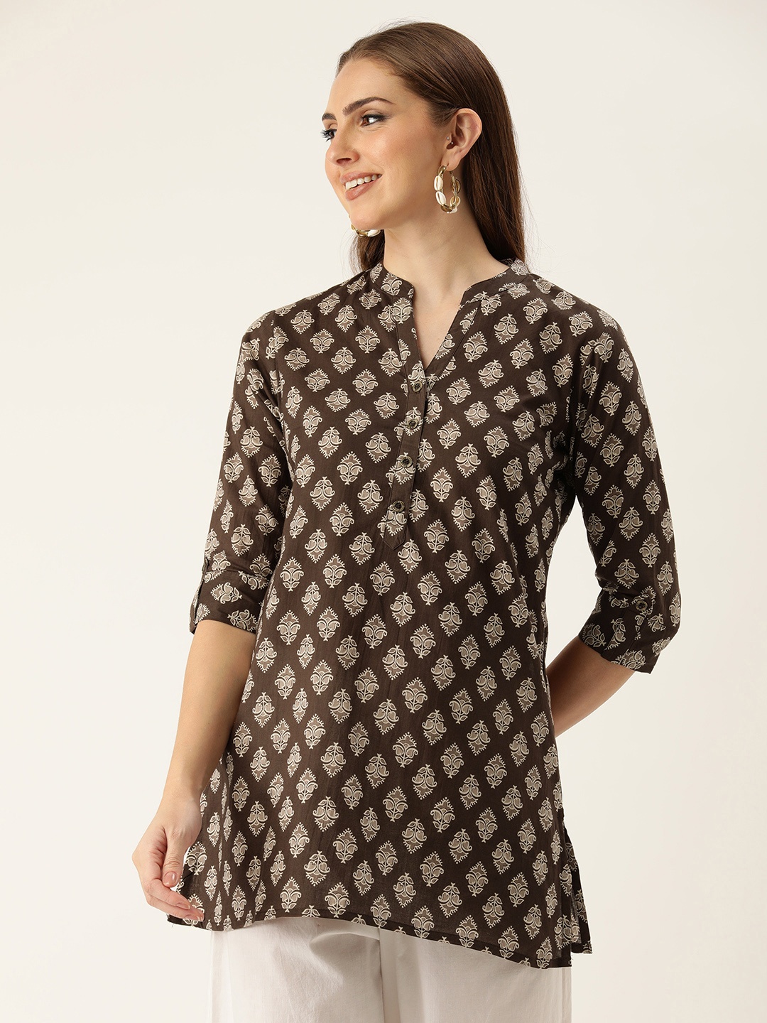 

AMUKTI Mandarin Collar Printed Ethnic Tunic, Brown