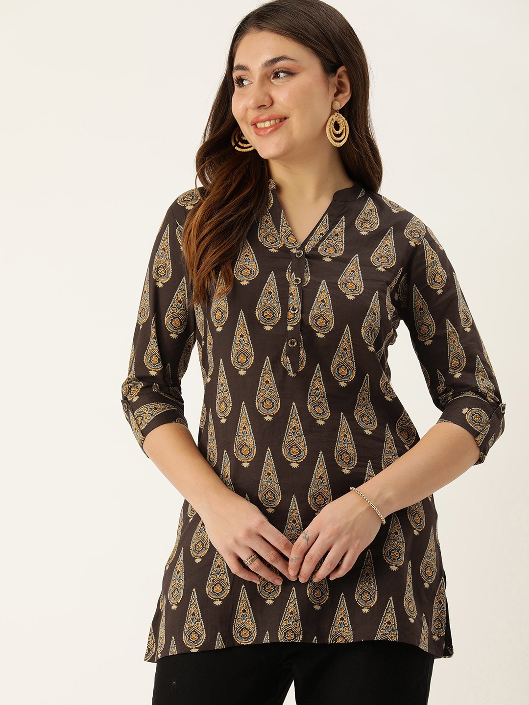 

AMUKTI Mandarin Collar Printed Ethnic Tunic, Brown