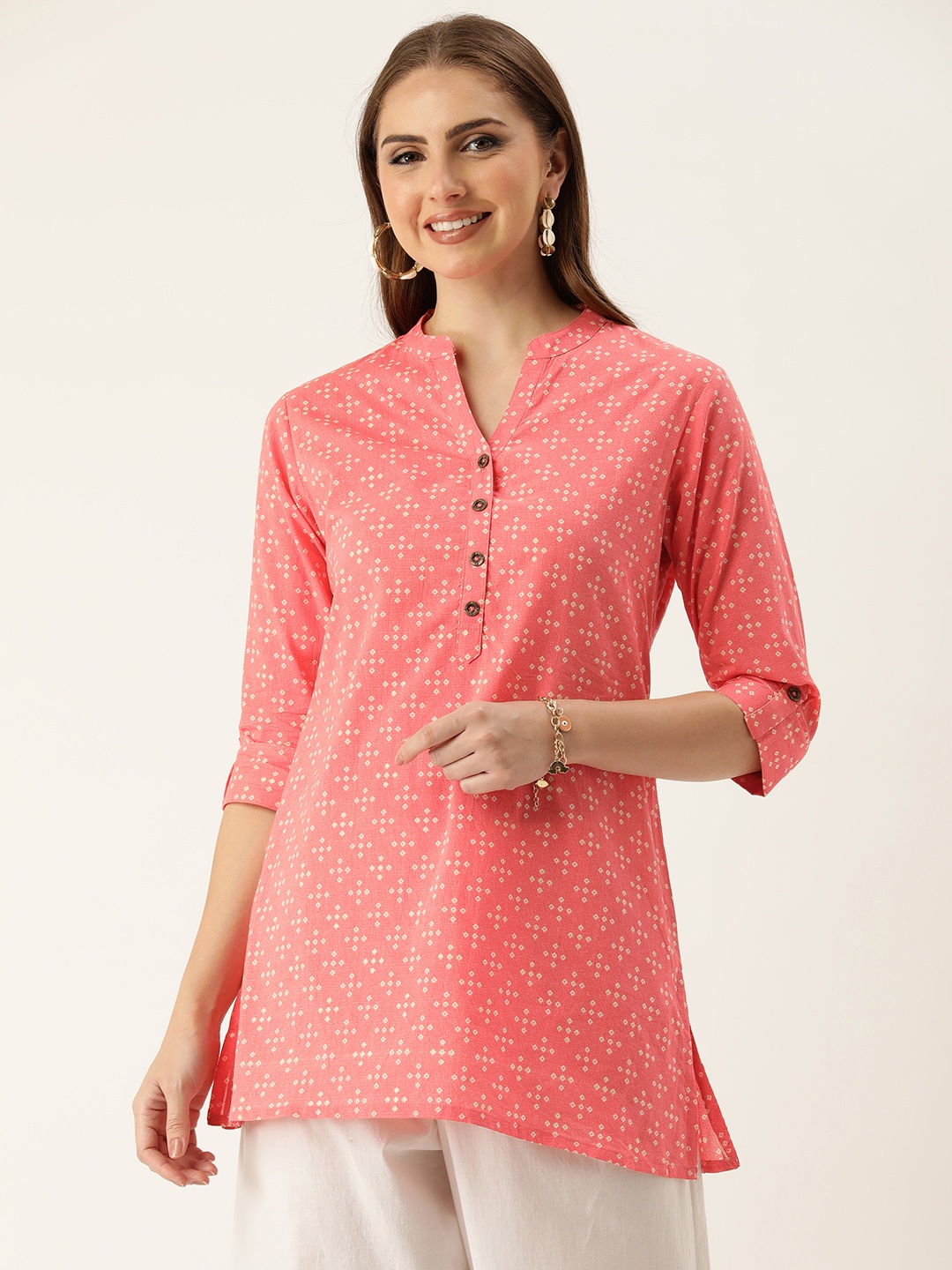 

AMUKTI Mandarin Collar Printed Ethnic Tunic, Pink