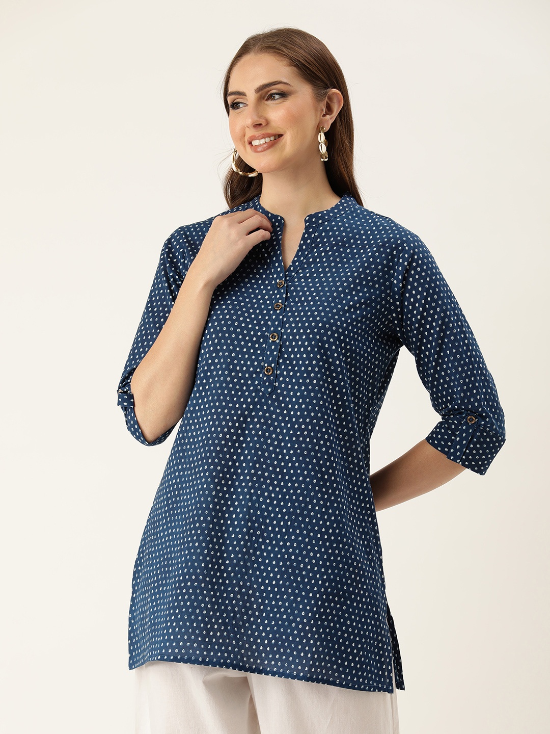 

AMUKTI Mandarin Collar Printed Ethnic Tunic, Blue