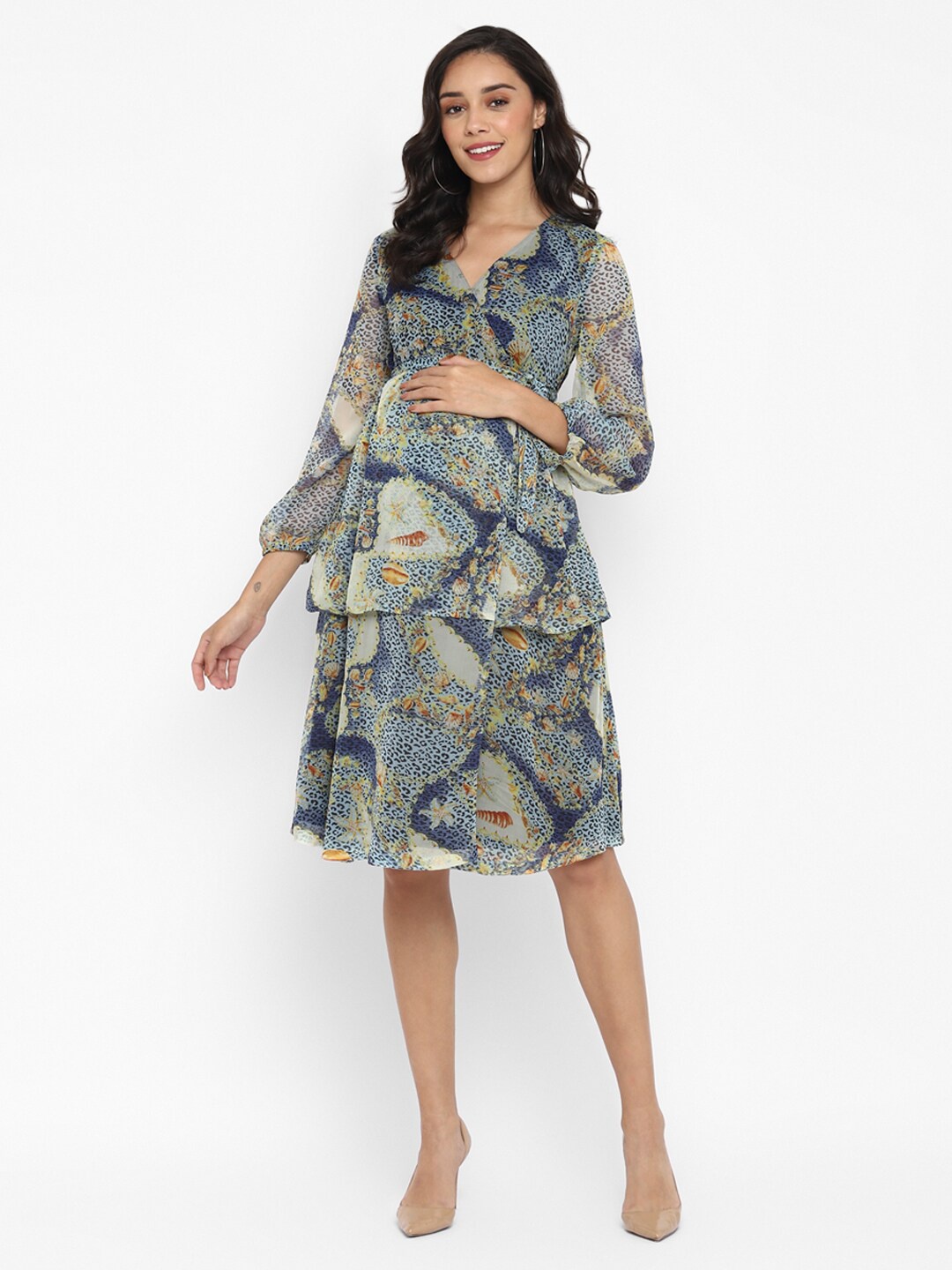 

Momsoon Maternity Abstract Printed Puff Sleeves Tie Ups Wrap Dress, Blue