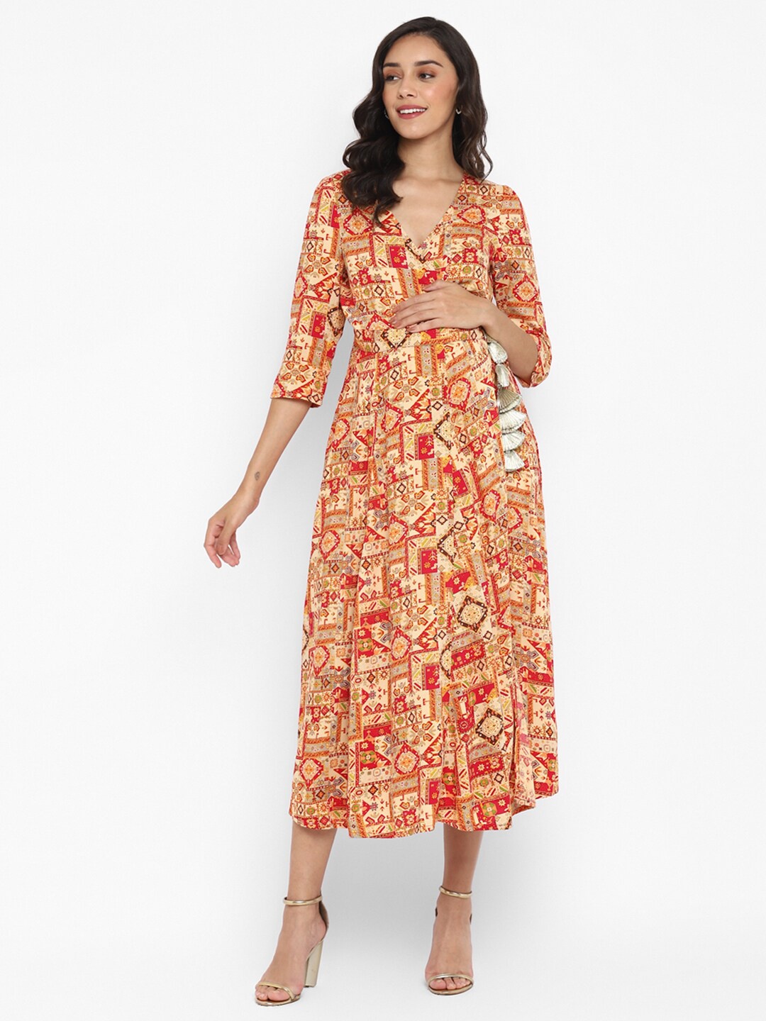 

Momsoon Maternity Abstract Printed Puff Sleeves Tie Ups A-Line Dress, Orange