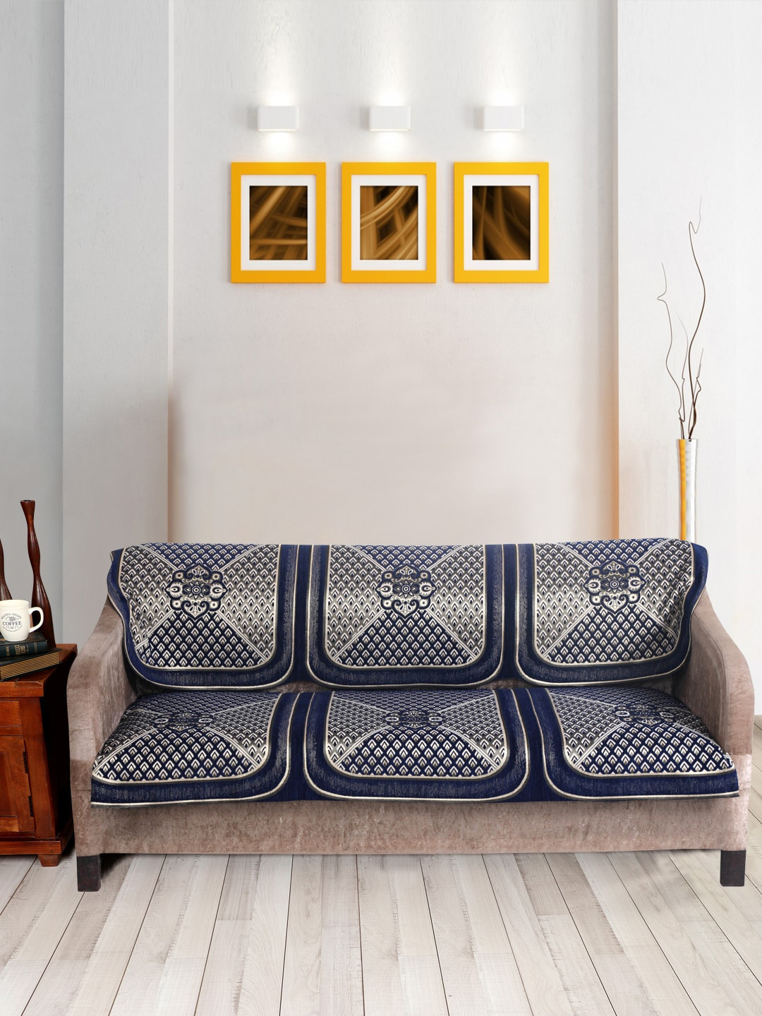 

Nendle Navy Blue & White Woven-Designed Velvet 3-Seater Sofa Cover