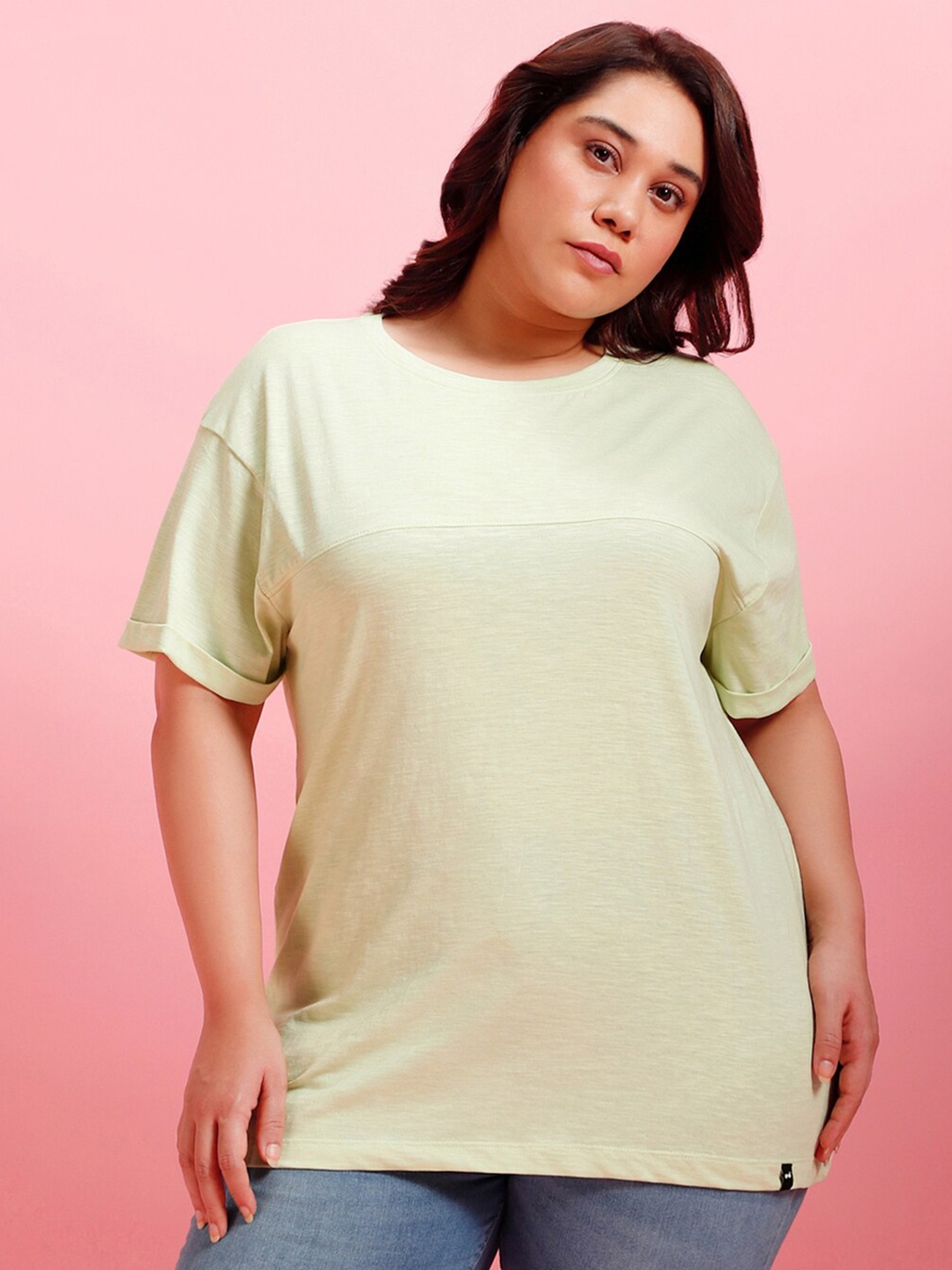

Bewakoof Air 1.0 Plus Size Round Neck Cotton Boyfriend T-shirt, Green