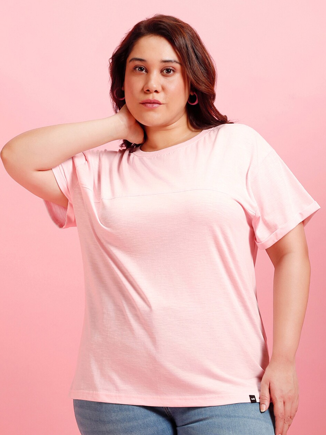 

Bewakoof AIR PLus Size Round Neck Drop Shoulder Sleeve Oversized Fit Cotton T-Shirt, Pink
