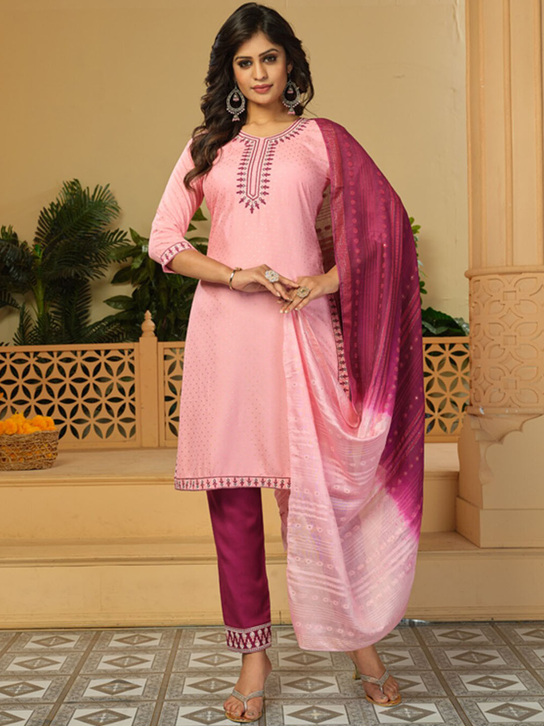 

KALINI Round Neck Geometric Printed Embroidered Regular Kurta & Trousers With Dupatta, Pink