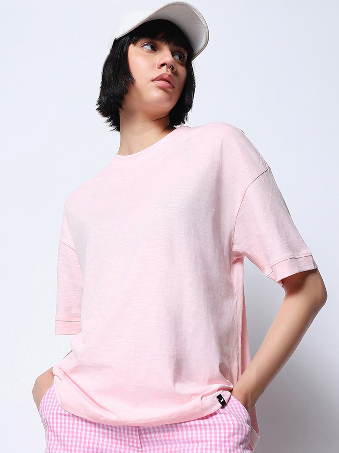 

Bewakoof AIR Pink Drop Shoulder Sleeves Cotton Oversized T-Shirt