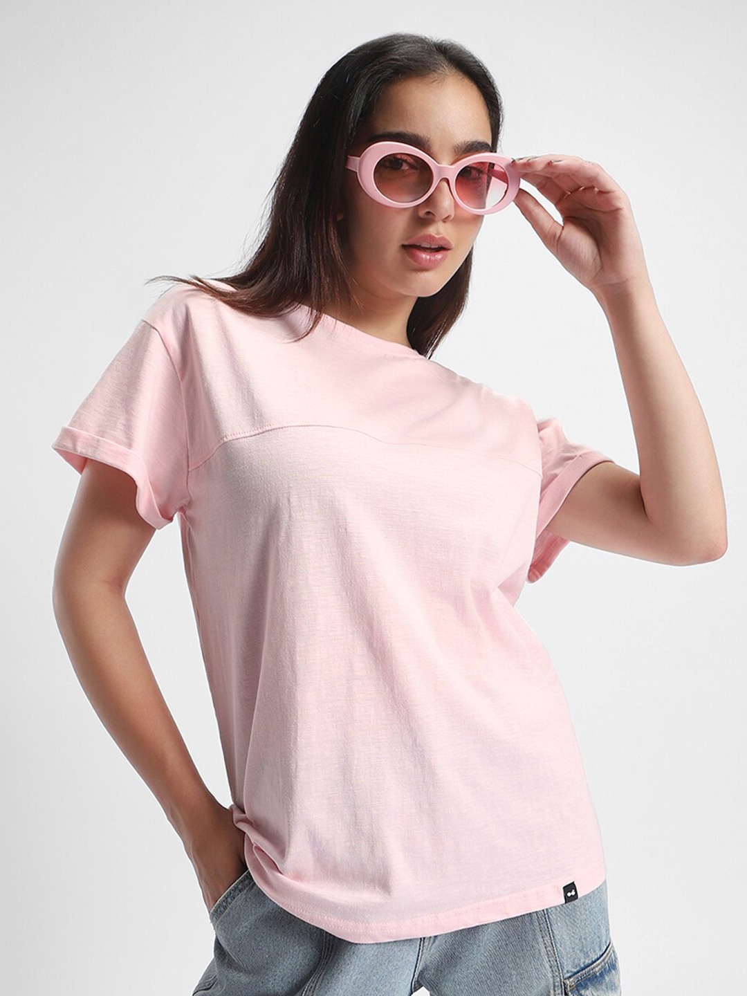 

Bewakoof Air 1.0 Pink Drop Shoulder Sleeves Cotton Loose Fit T-Shirt