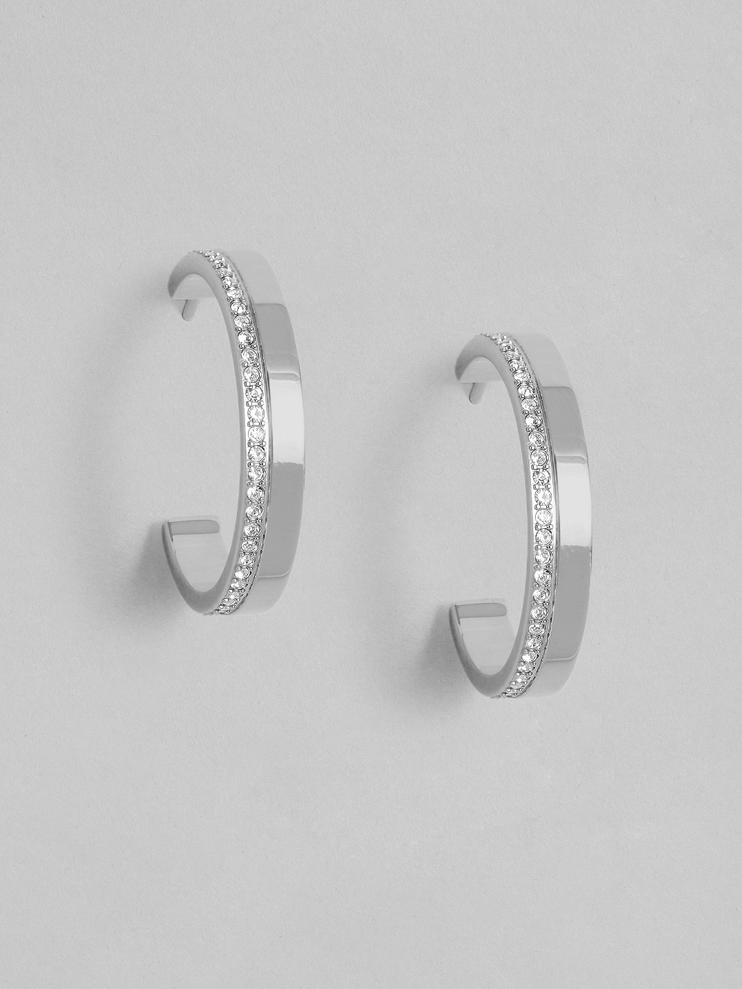 

Calvin Klein Crystals Studded Brass Plated Stainless Steel Classic Half Hoop Earrings, Silver