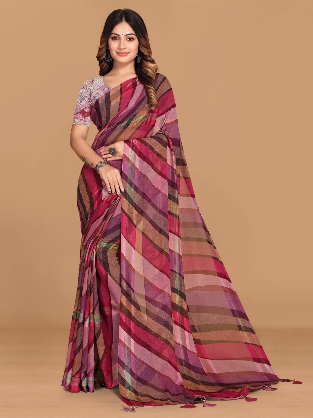 

KALINI Woven Design Striped Pure Georgette Saree, Pink