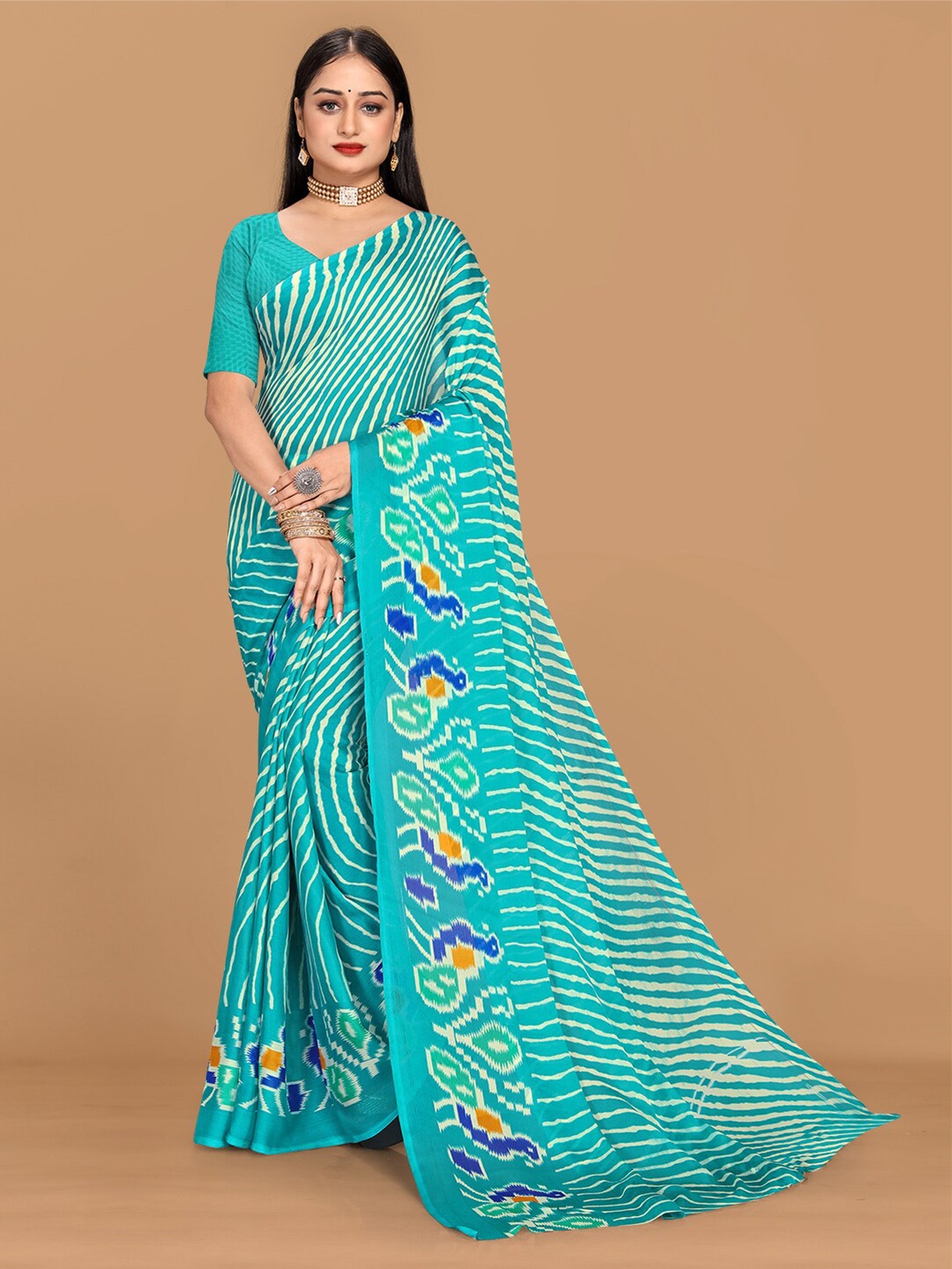 

KALINI Striped Pure Chiffon Saree, Green