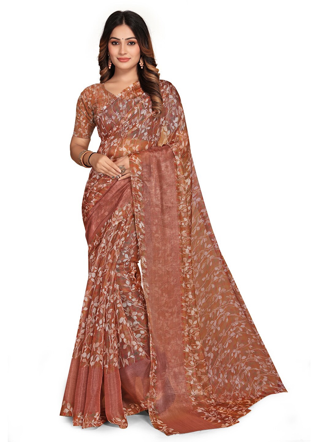 

KALINI Floral Printed Brasso Saree, Brown