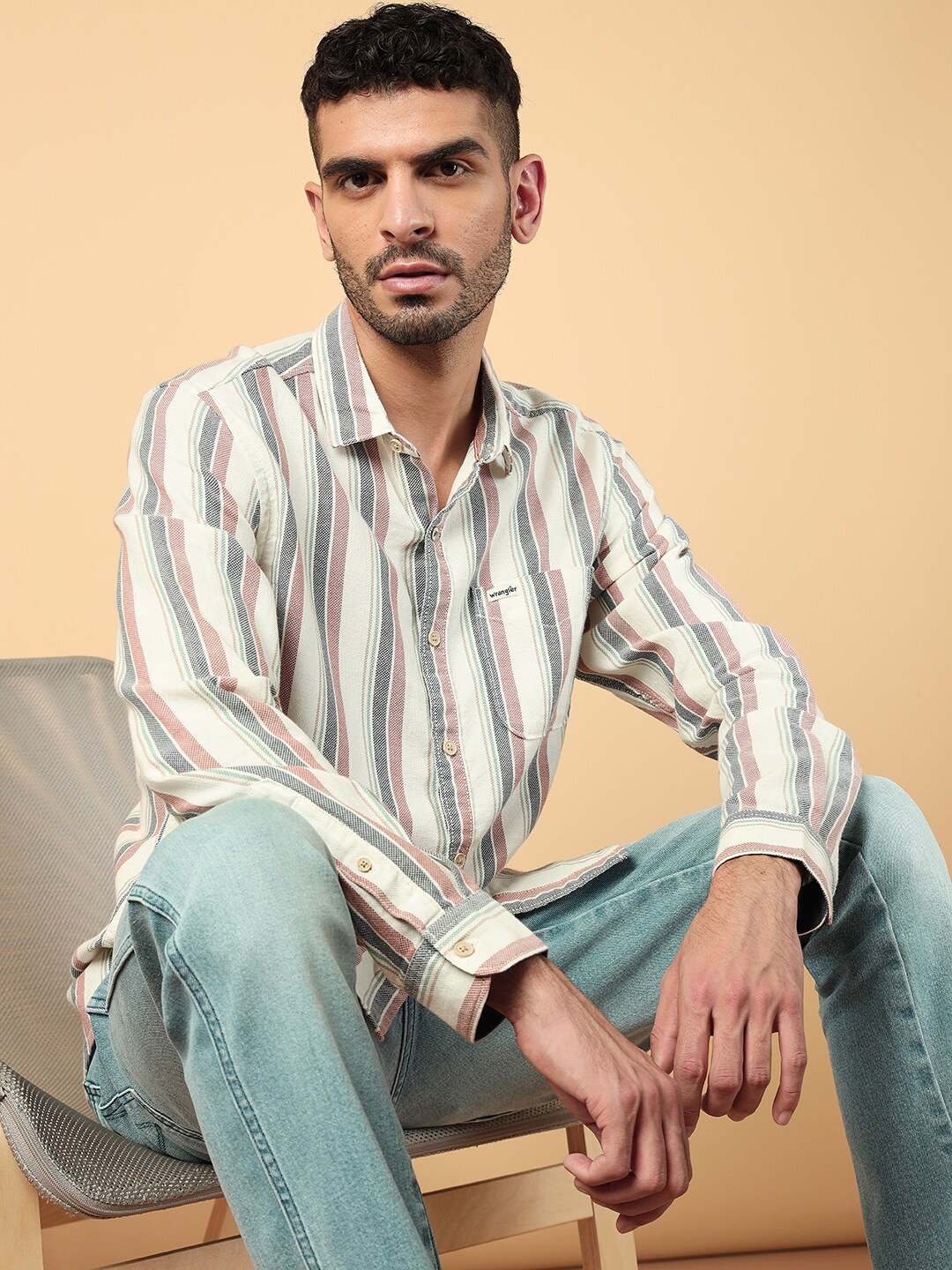 

Wrangler Striped Spread Collar Cotton Casual Shirt, Off white