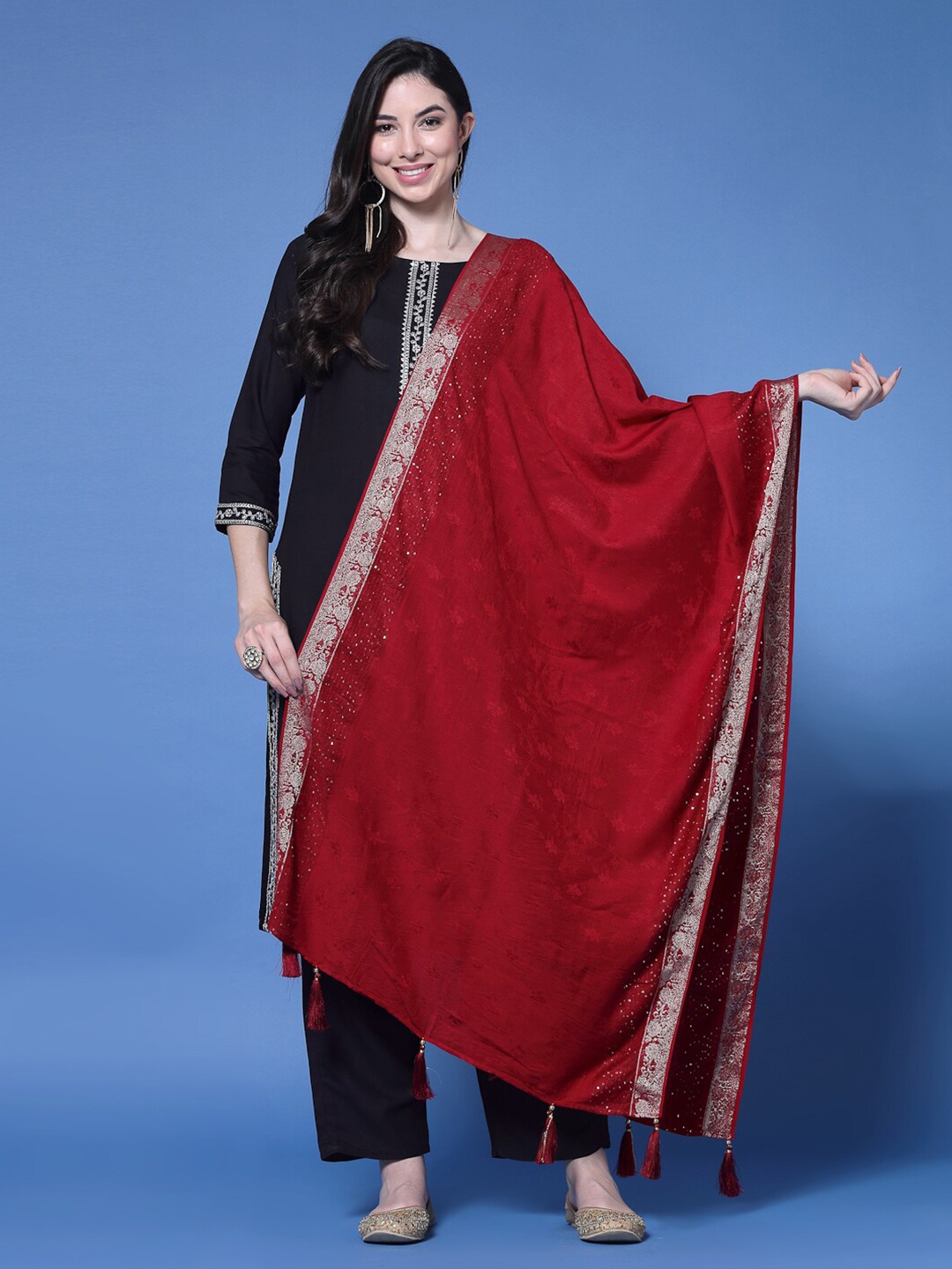 

Clora Creation Floral Embroidered Dupatta With Sequinned, Maroon