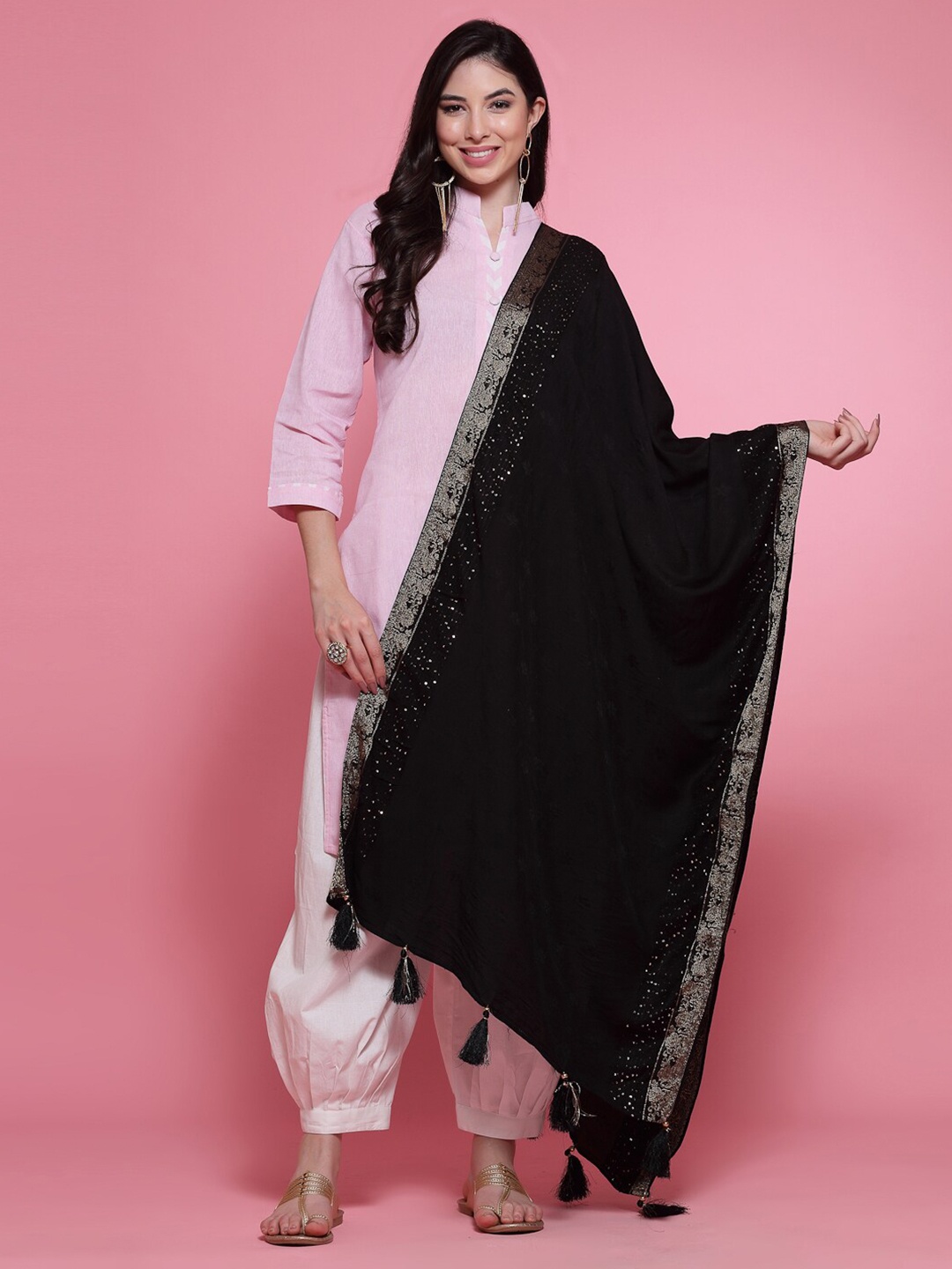 

Clora Creation Ethnic Motifs Woven Design Border Sequinned Dupatta, Black