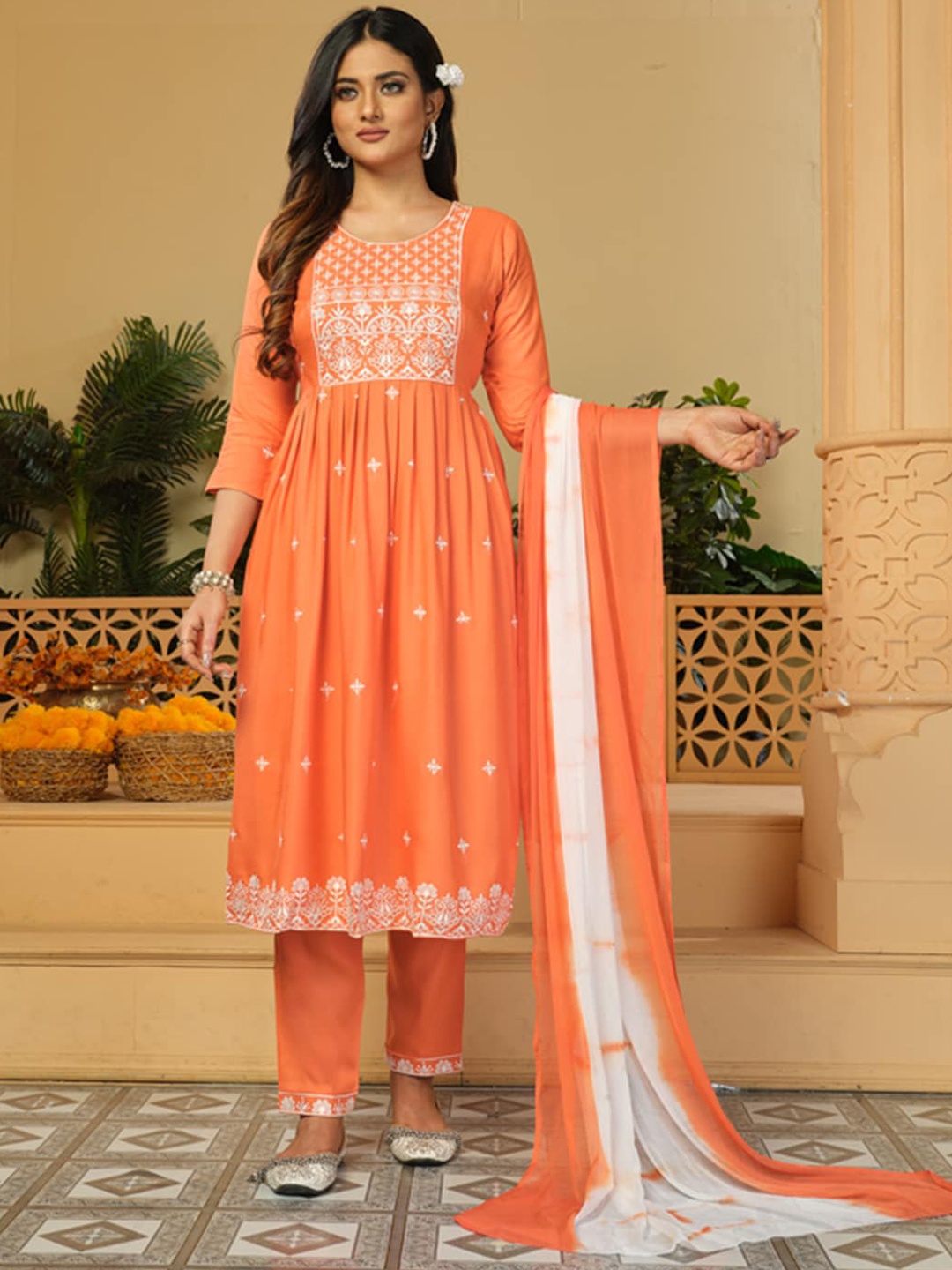 

KALINI Floral Embroidered Thread Work Kurta & Trousers With Dupatta, Orange