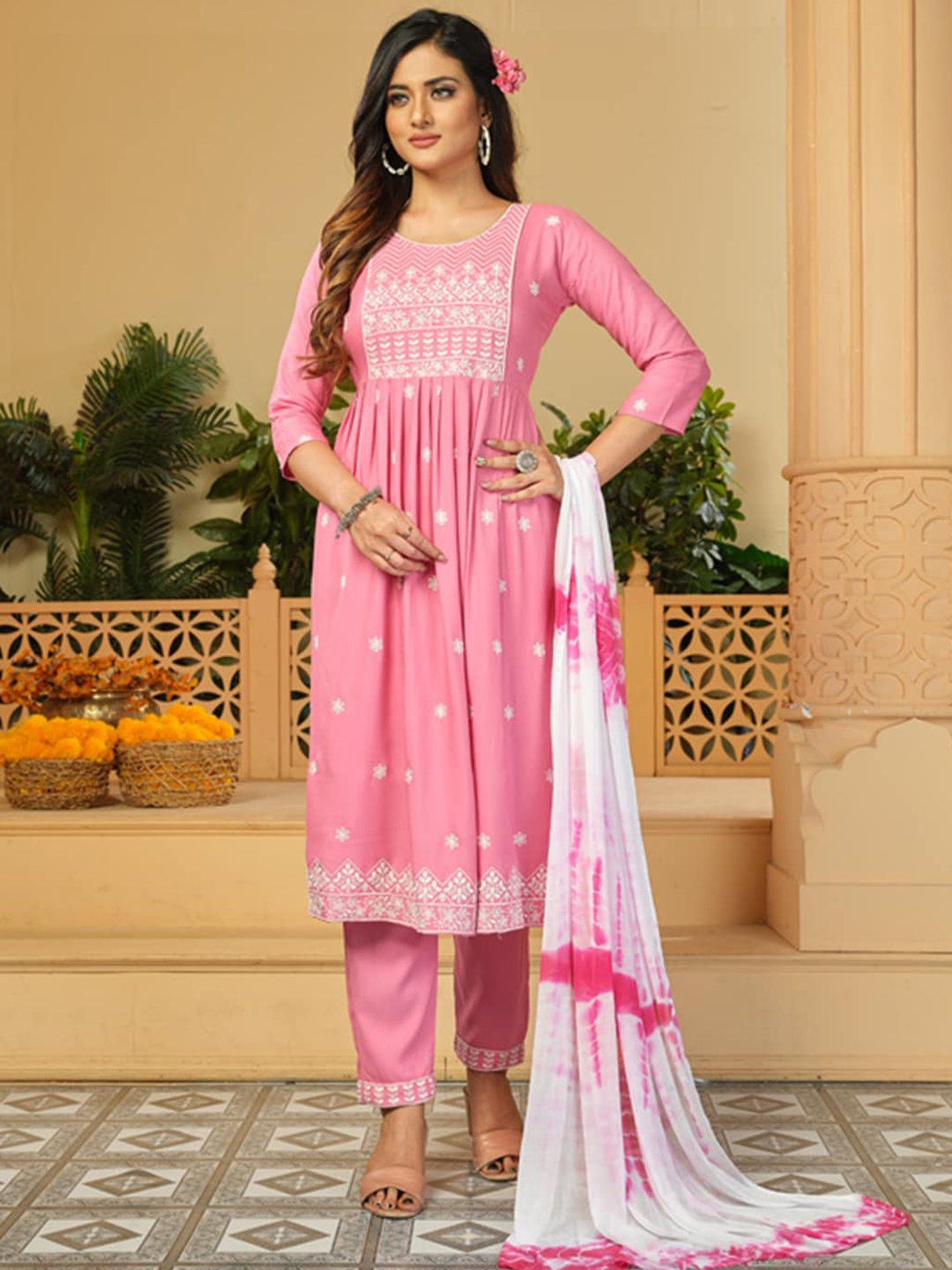 

KALINI Floral Embroidered Thread Work Pleated A-Line Kurta & Trousers with Dupatta, Pink