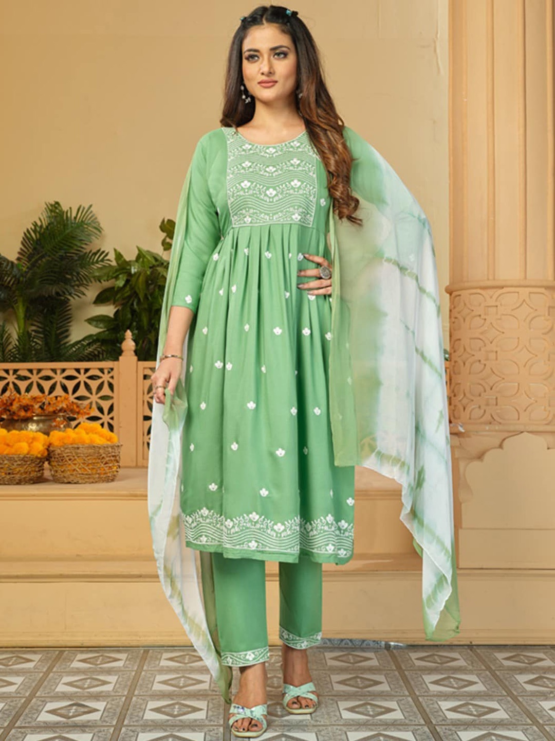 

KALINI Floral Embroidered Pleated Kurta Thread Work Kurta Set With Dupatta, Green