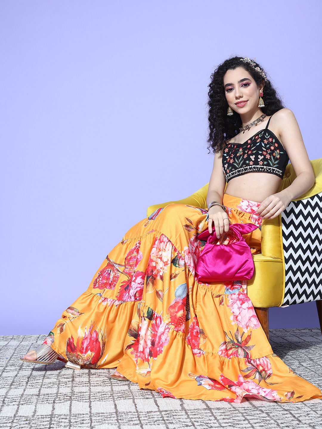 

Varanga Women Floral Printed Tiered Maxi Skirt, Yellow