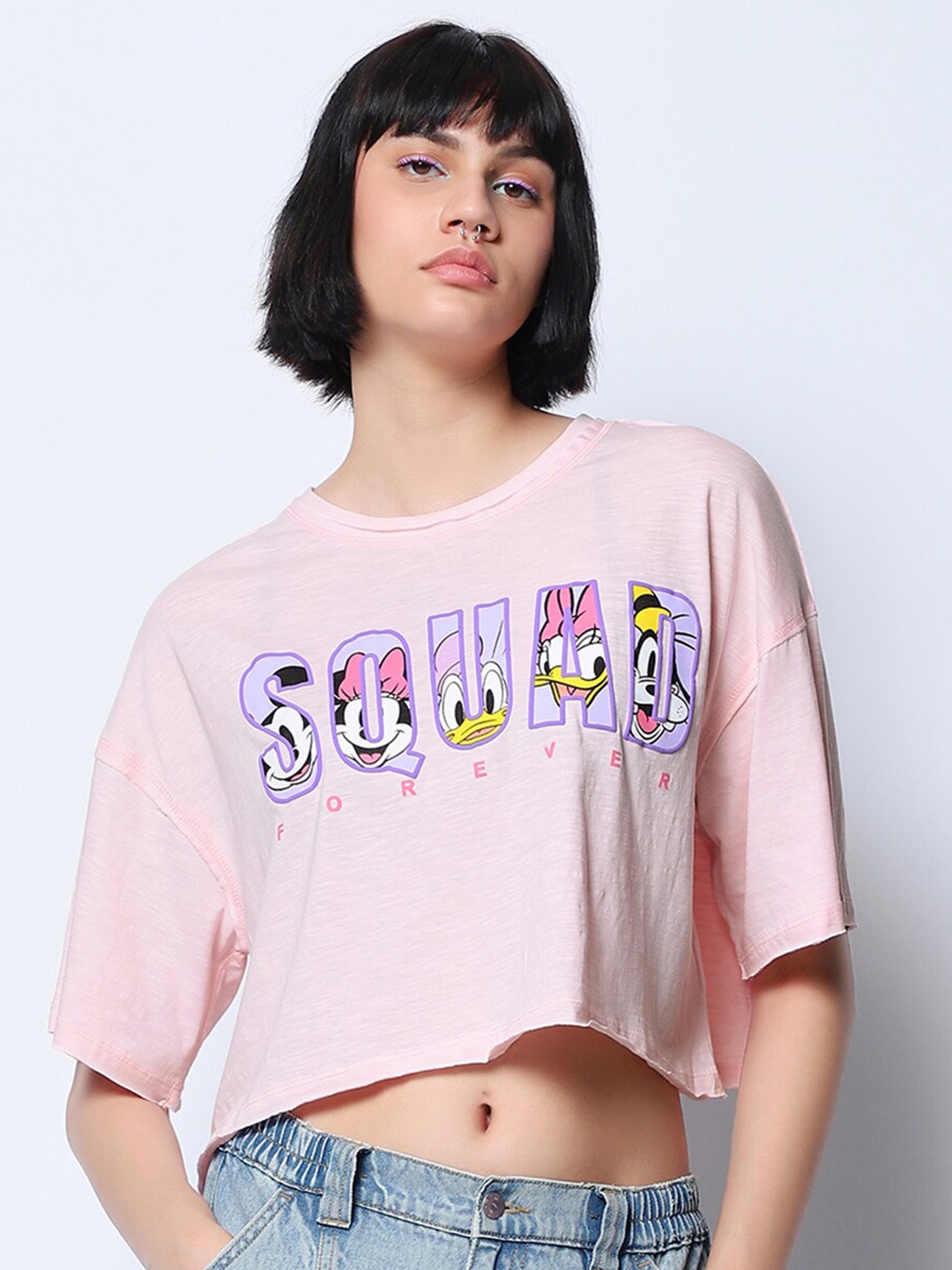 

Bewakoof Air 1.0 Official Disney Merchandise Squad Forever Printed Oversized Crop Top, Pink