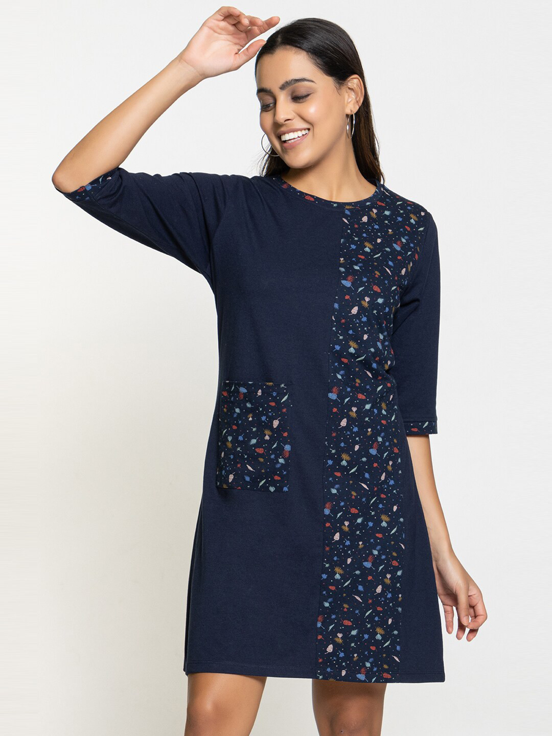 

Night Platter Conversational Printed Cotton A-Line Dress, Navy blue