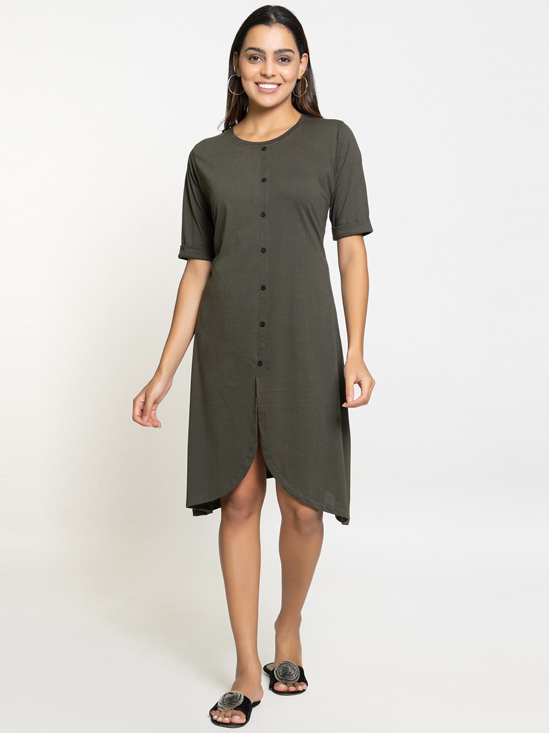 

Night Platter Round Neck Pure Cotton A-Line Kurta, Olive