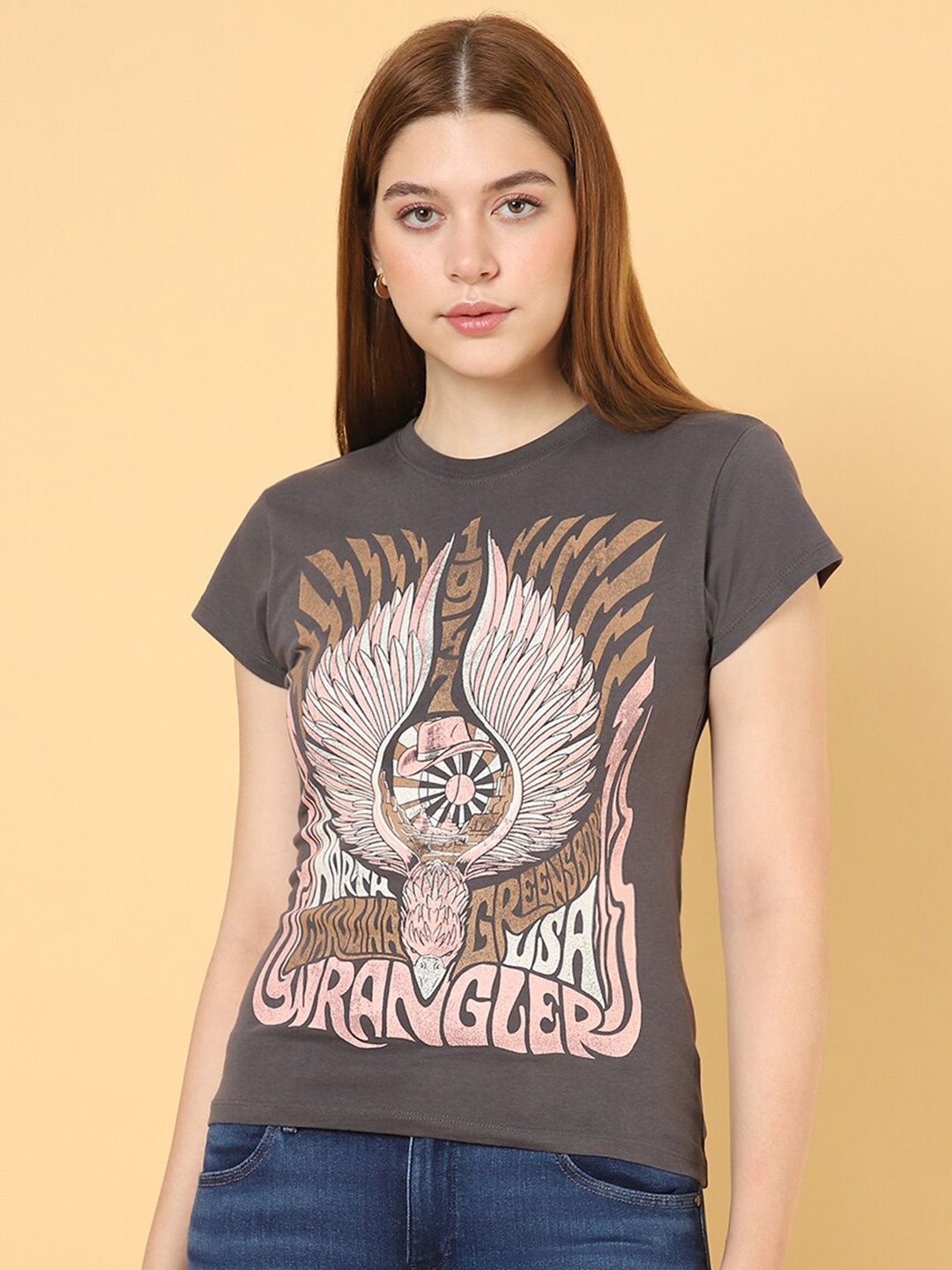 Wrangler Round Neck Graphic Printed Cotton T-shirt, Grey