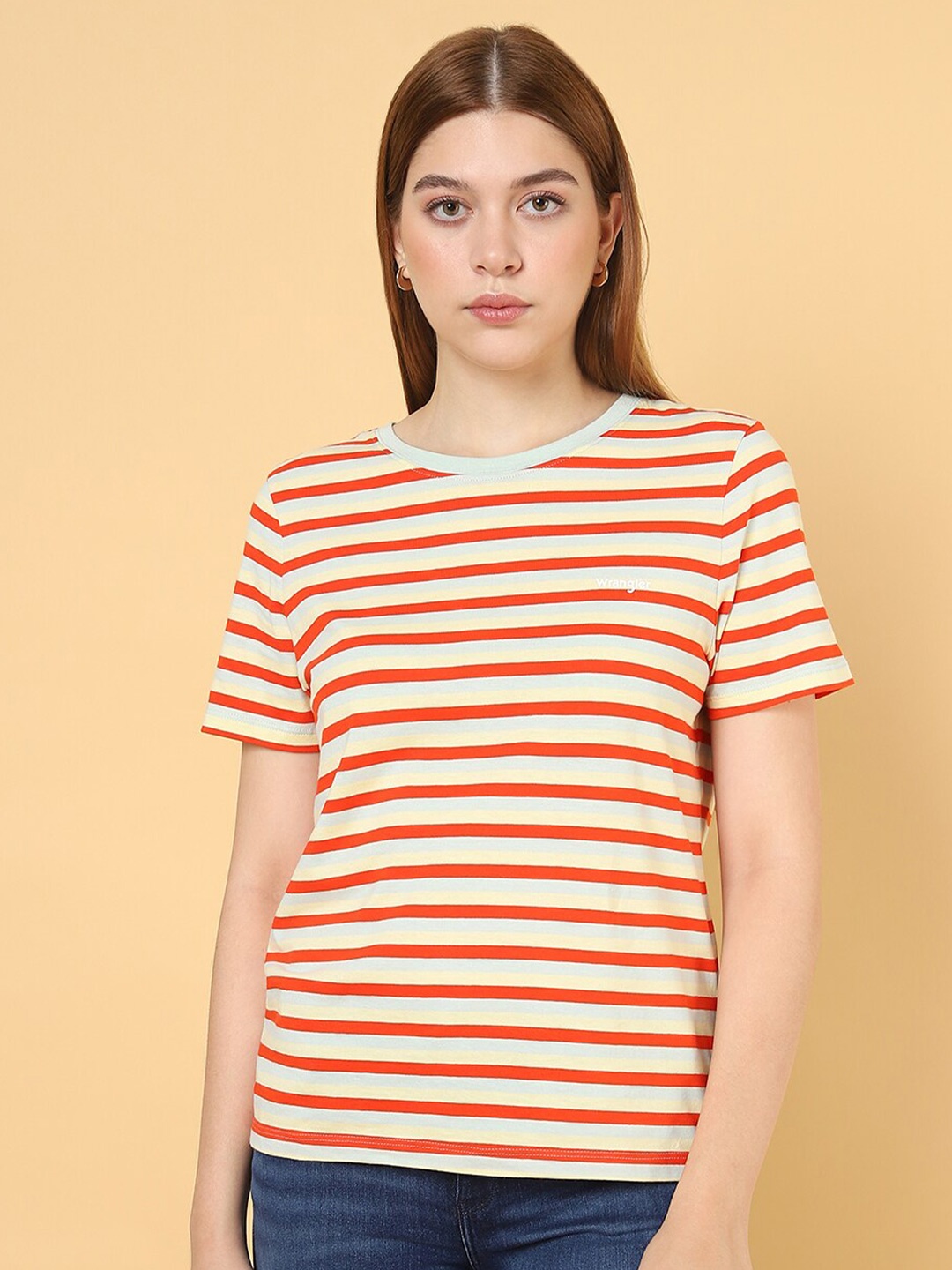

Wrangler Round Neck Striped Printed Cotton T-shirt, Red