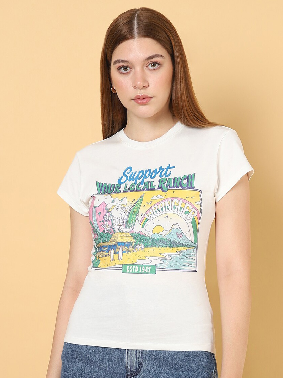 

Wrangler Round Neck Graphic Printed Cotton T-shirt, White