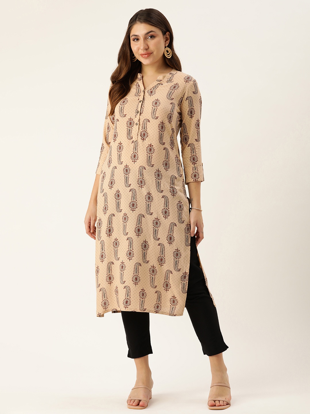 

AMUKTI Ethnic Motifs Printed Mandarin Collar Kurta, Beige