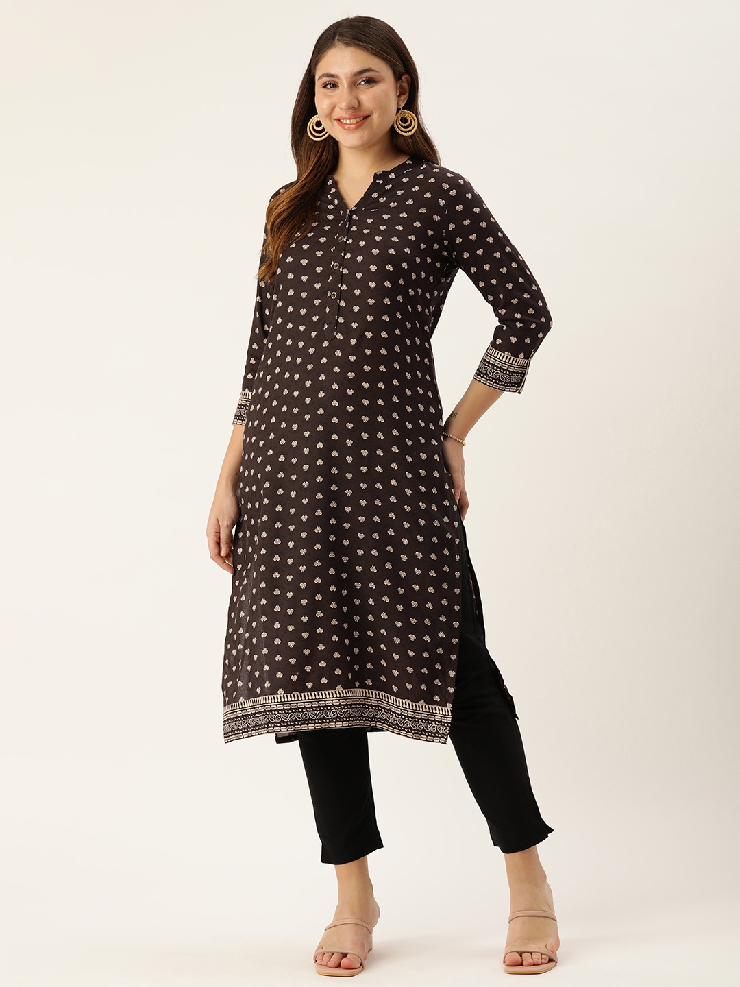 

AMUKTI Mandarin Collar Printed Kurta, Brown