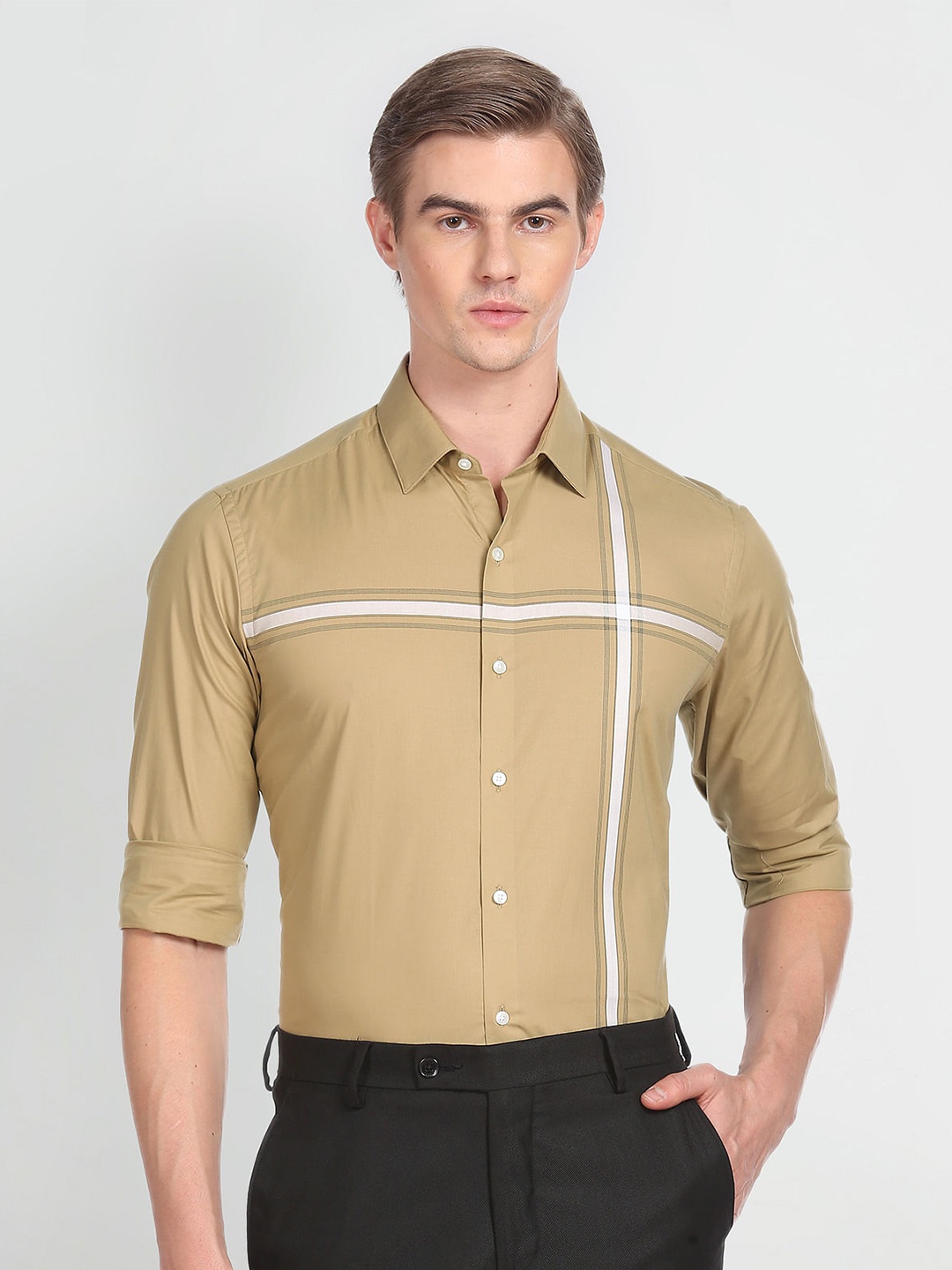

Arrow Slim Fit Vertical Striped Pure Cotton Formal Shirt, Khaki