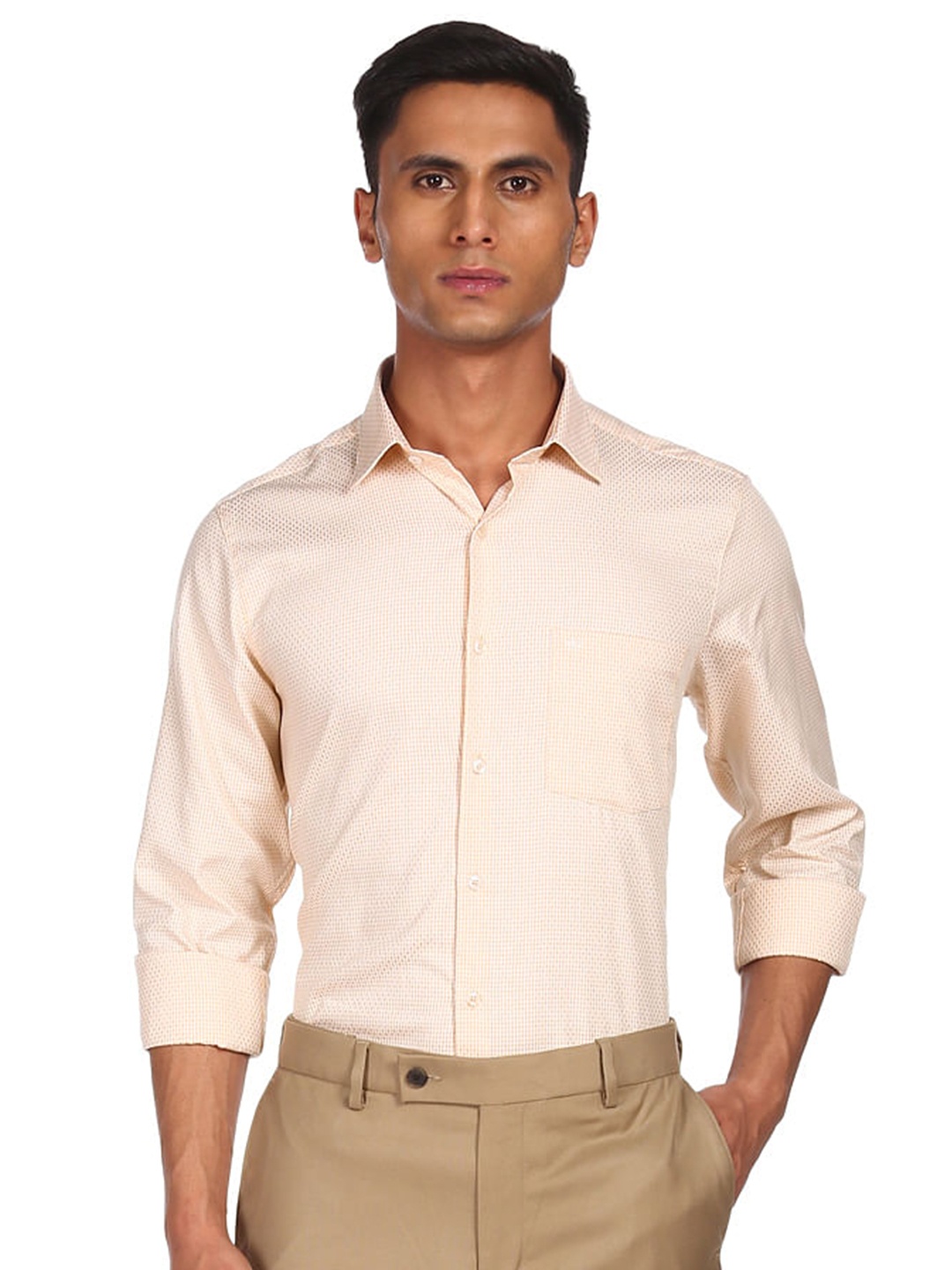 

Arrow Men Checked Comfort Cotton Formal Shirt, Beige