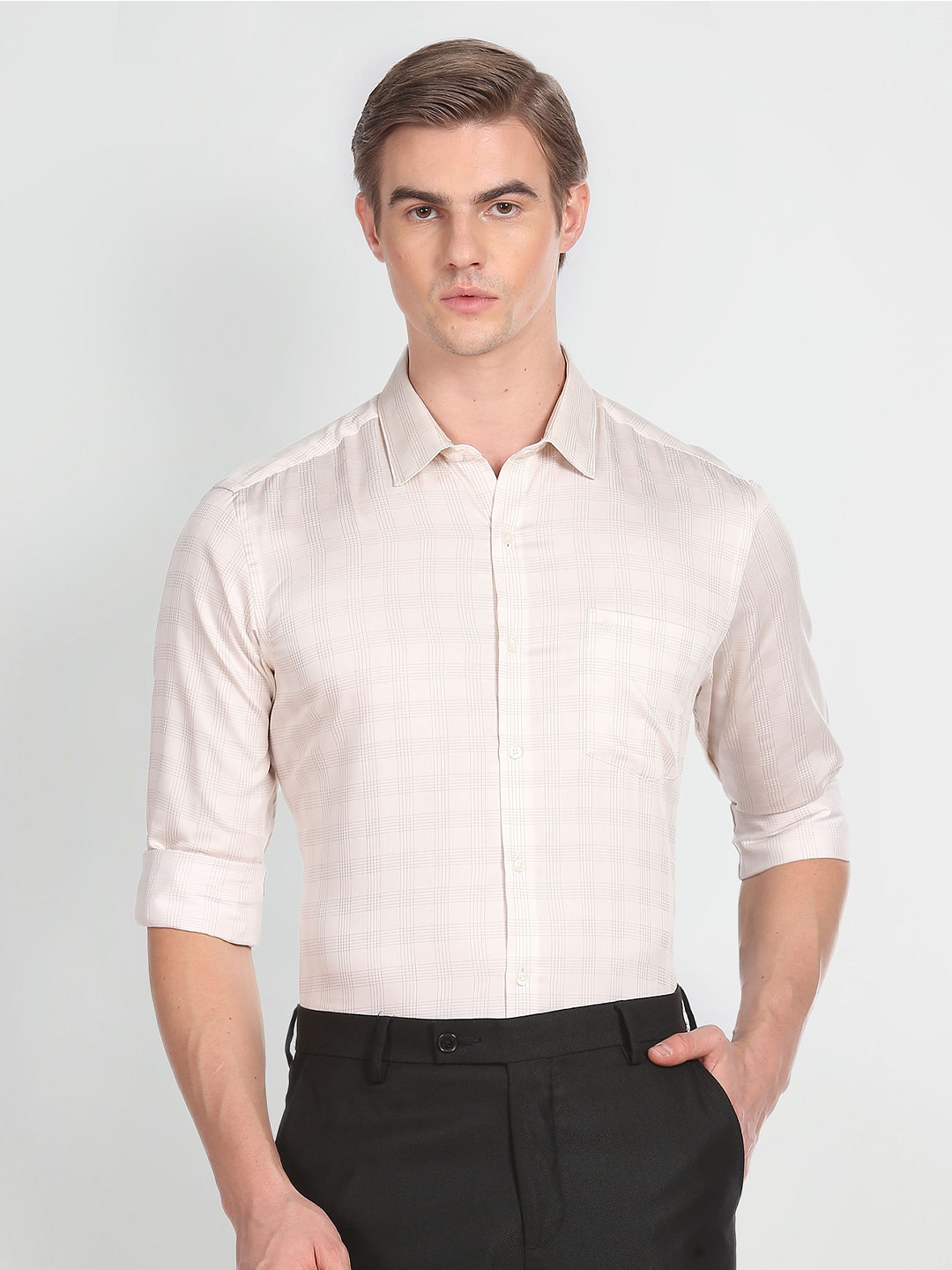 

Arrow Men Checked Comfort Slim Fit Cotton Formal Shirt, Beige
