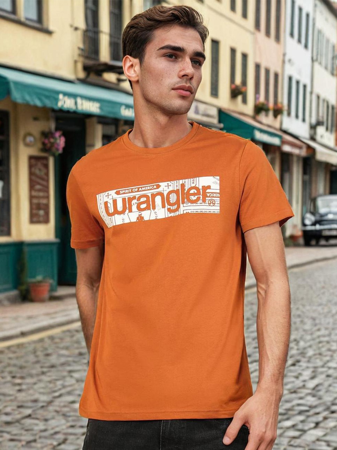 Wrangler Round Neck Typography Printed Cotton T-shirt, Orange